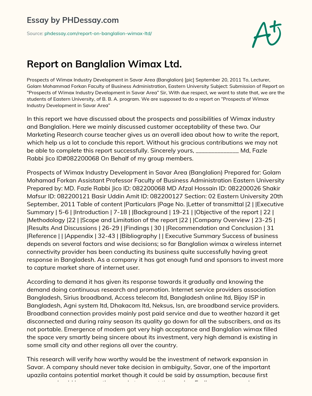 Report on Banglalion Wimax Ltd. essay