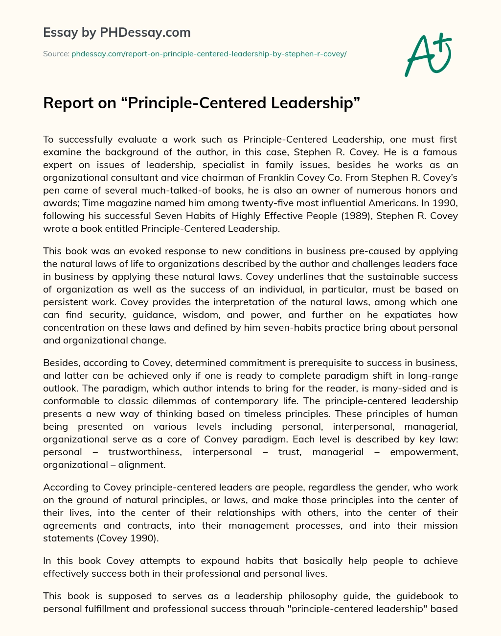 Report on “Principle-Centered Leadership” essay