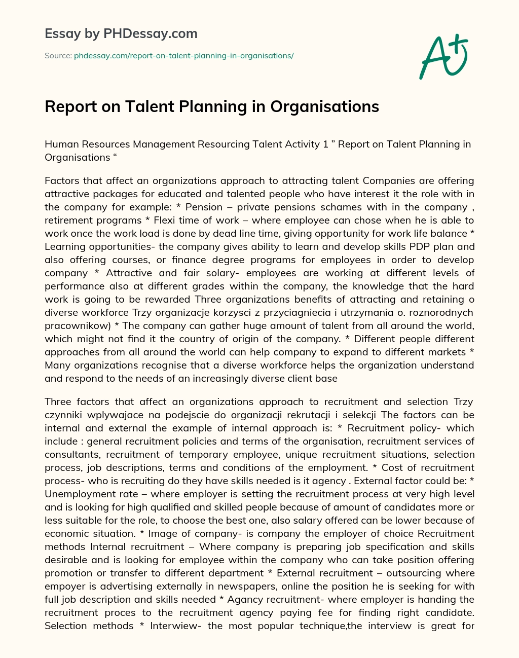 Report on Talent Planning in Organisations essay
