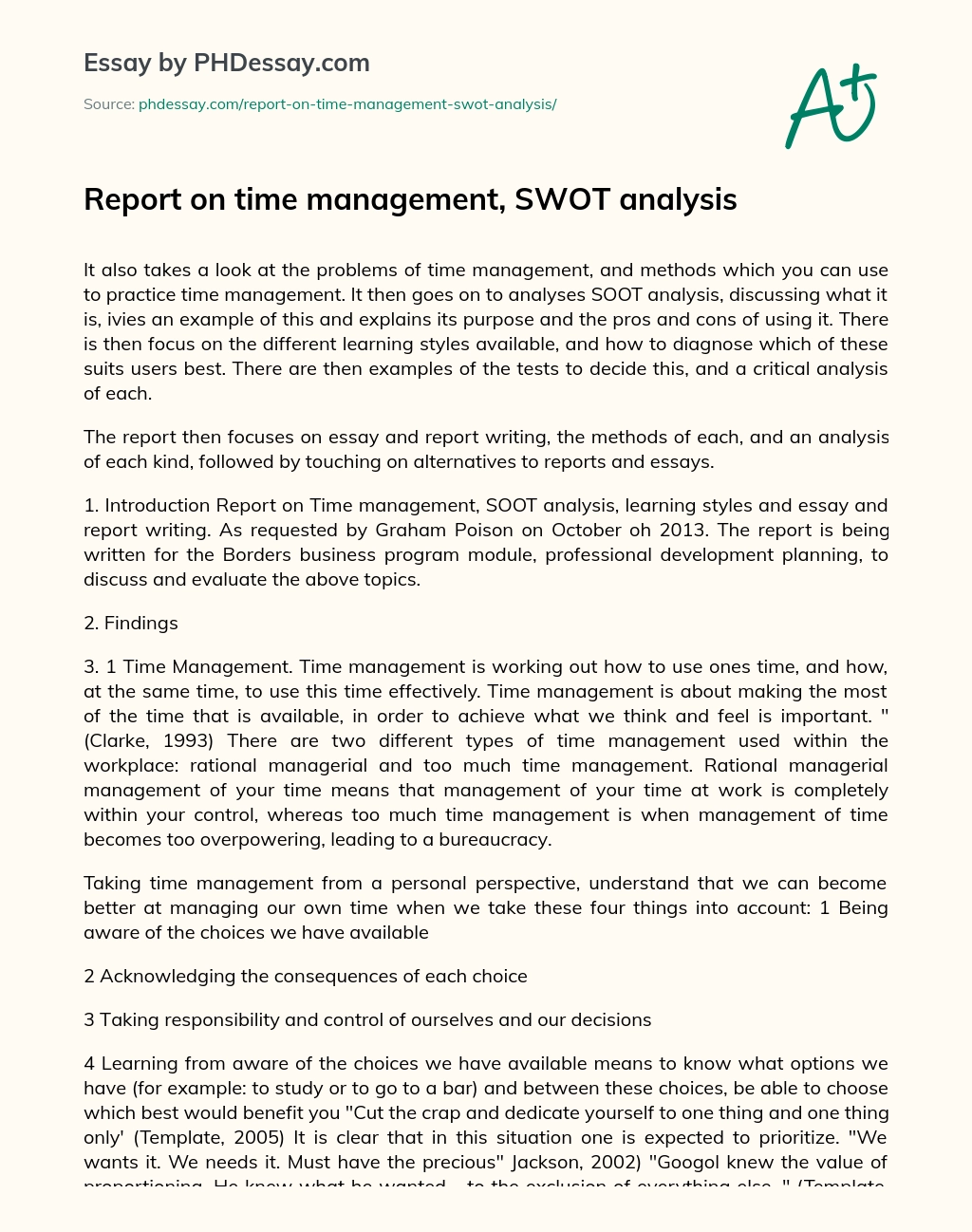 Report on time management, SWOT analysis essay