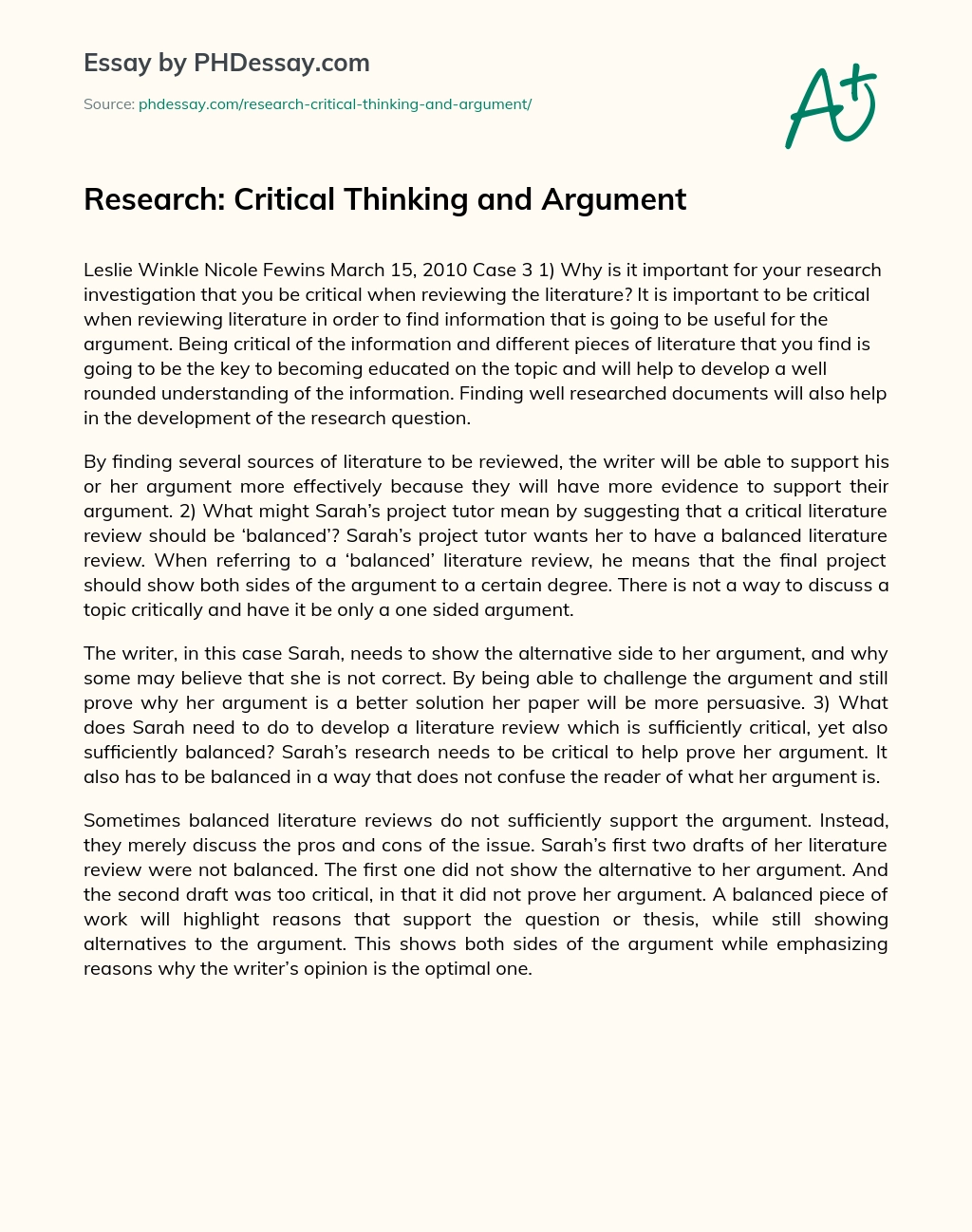 Research: Critical Thinking and Argument essay