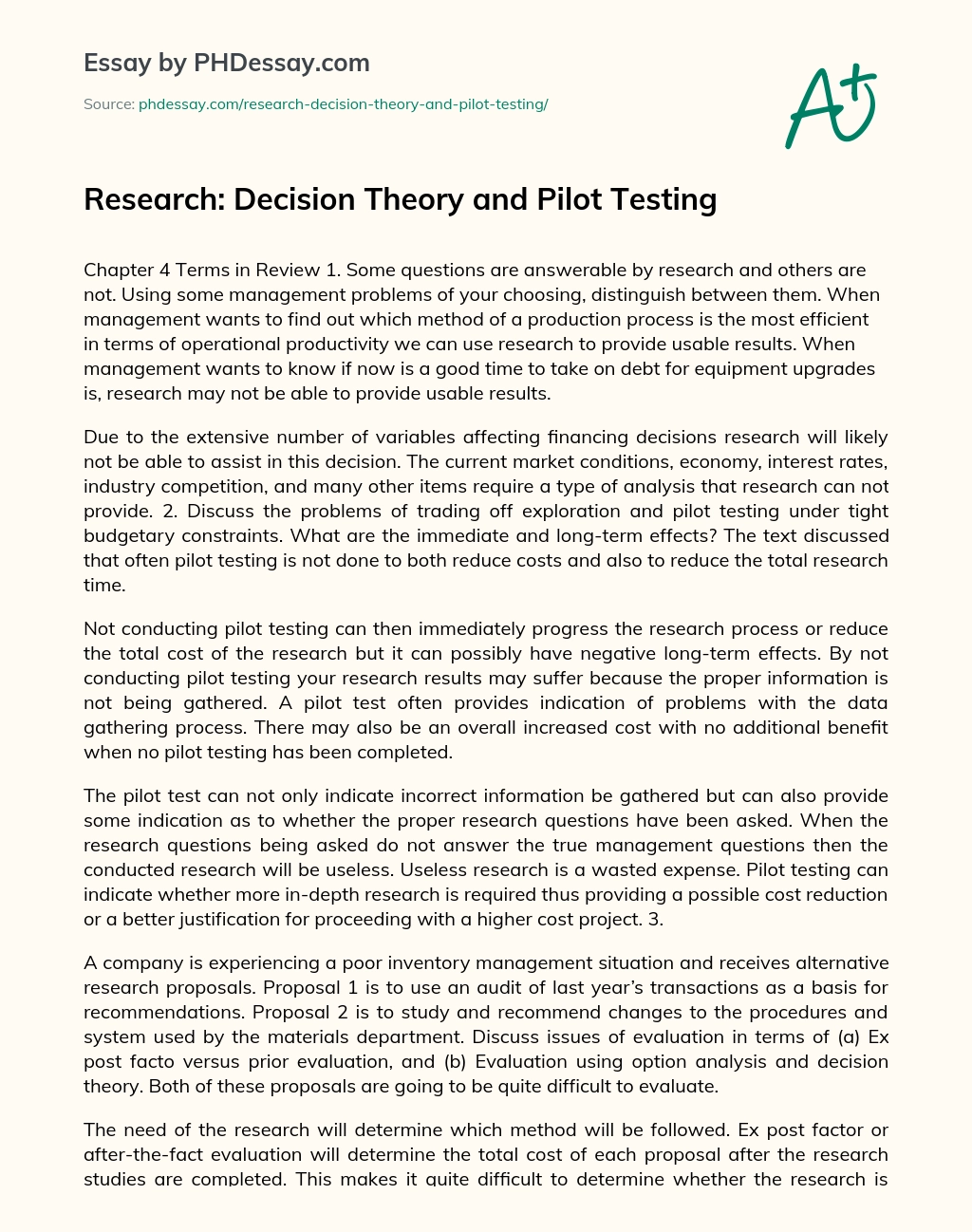 Research: Decision Theory and Pilot Testing essay