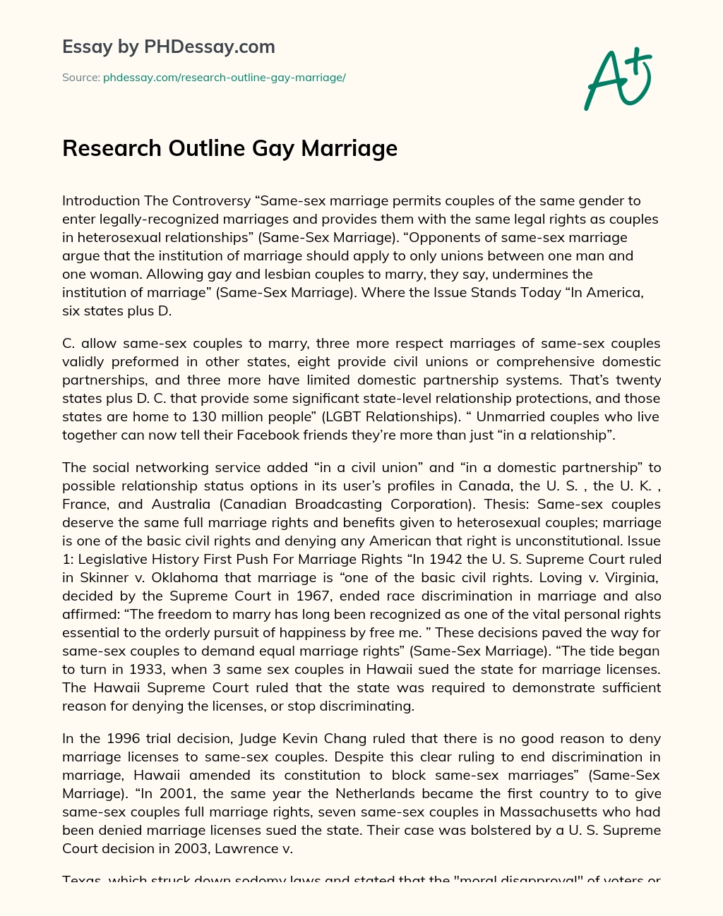 Research Outline Gay Marriage essay
