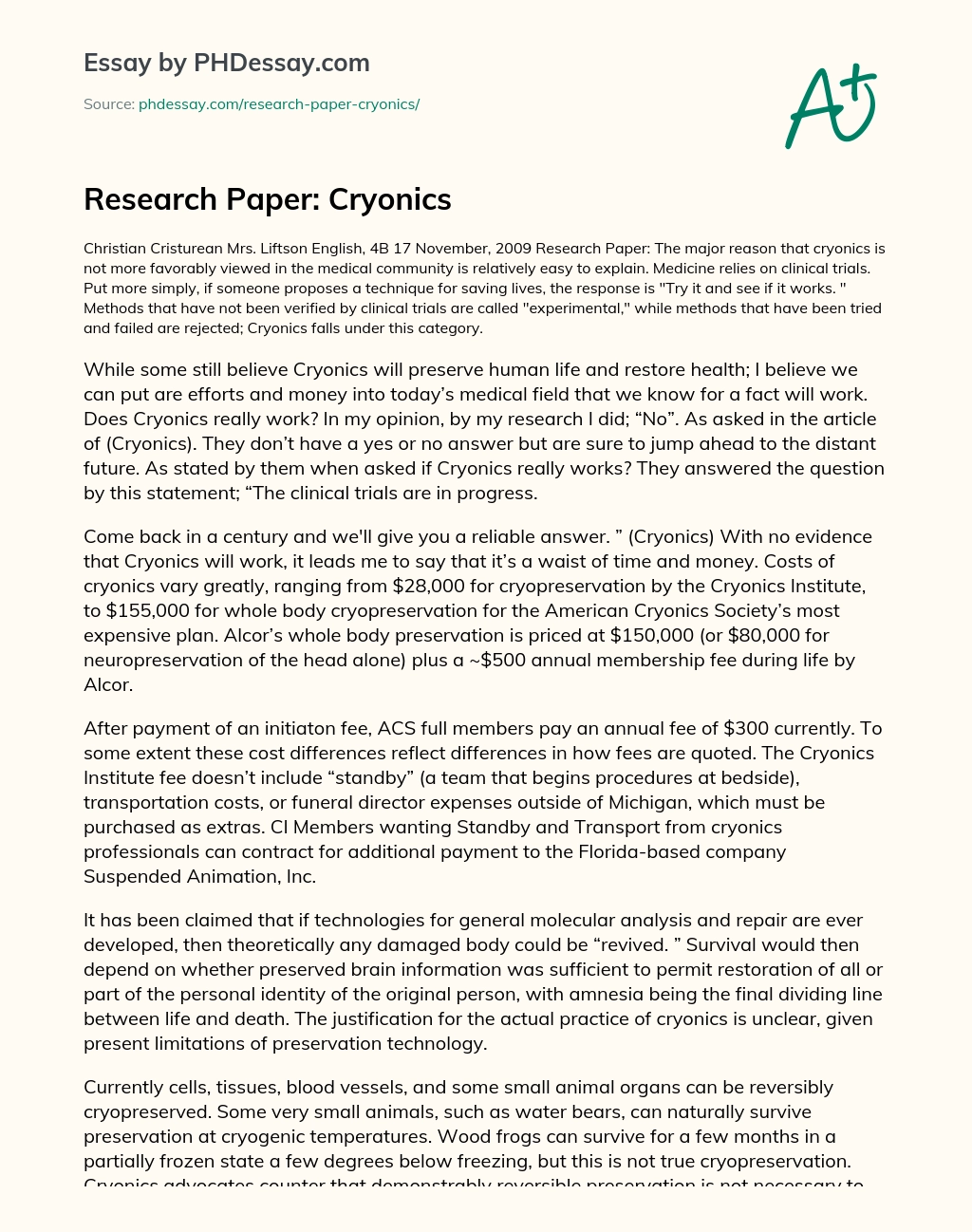 Research Paper: Cryonics essay