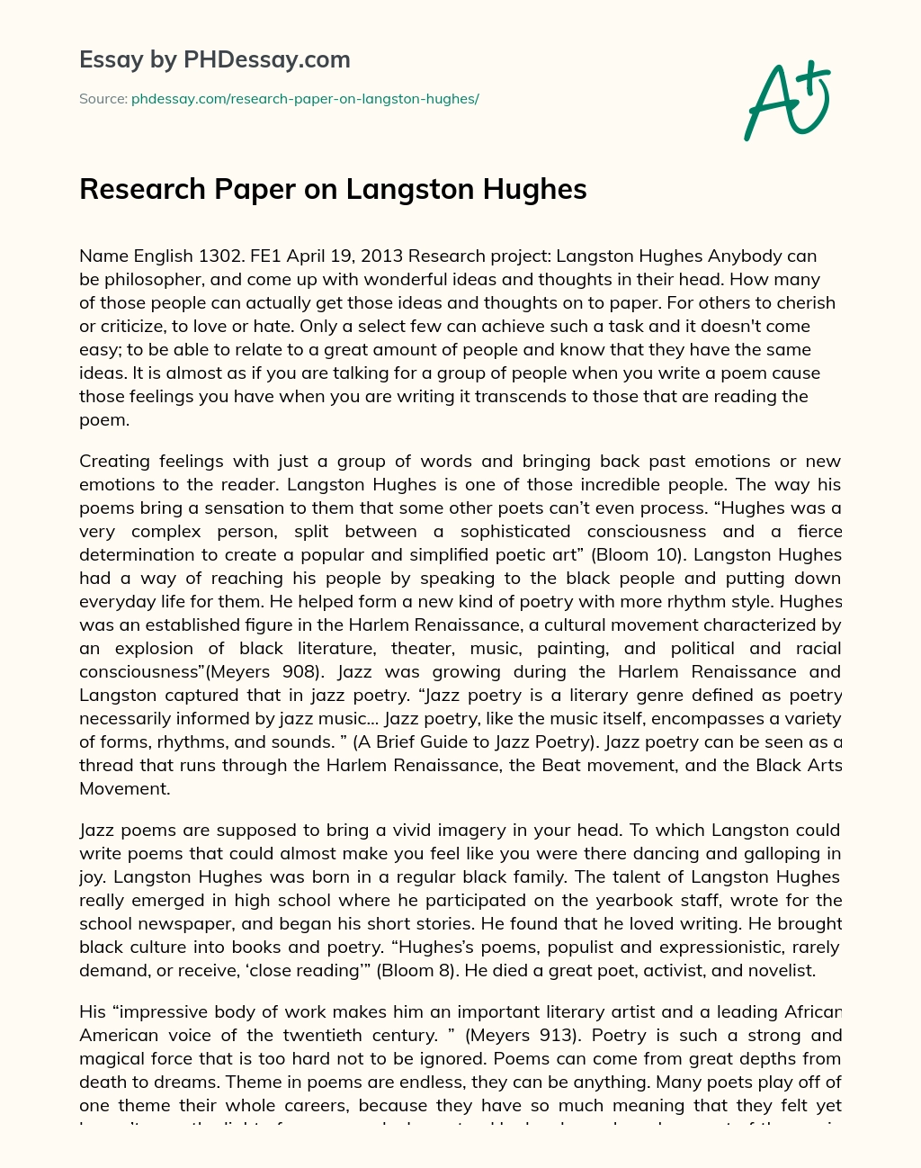 Реферат: Commentary On Langston Hughes Essay Research Paper