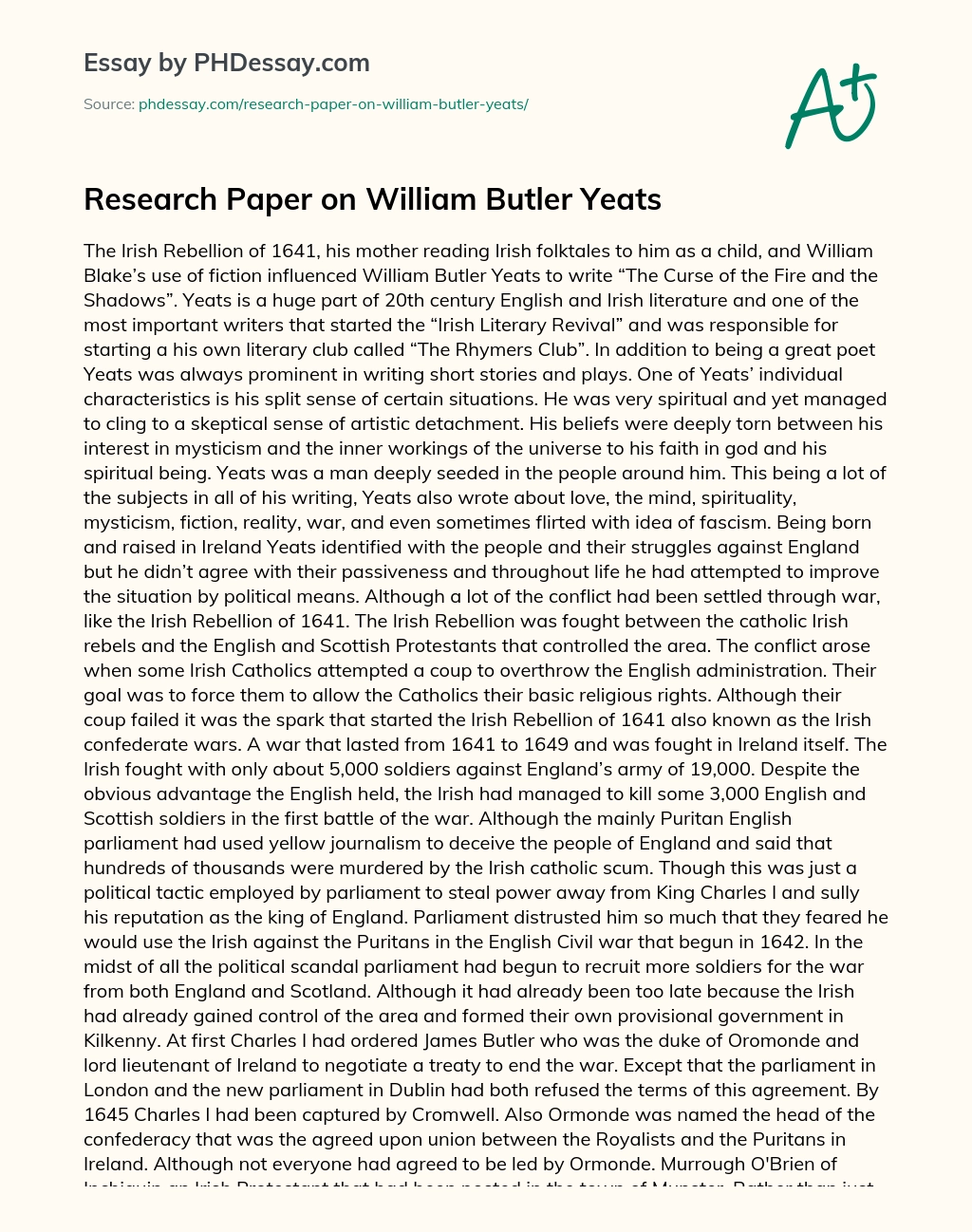 Research Paper on  William Butler Yeats essay