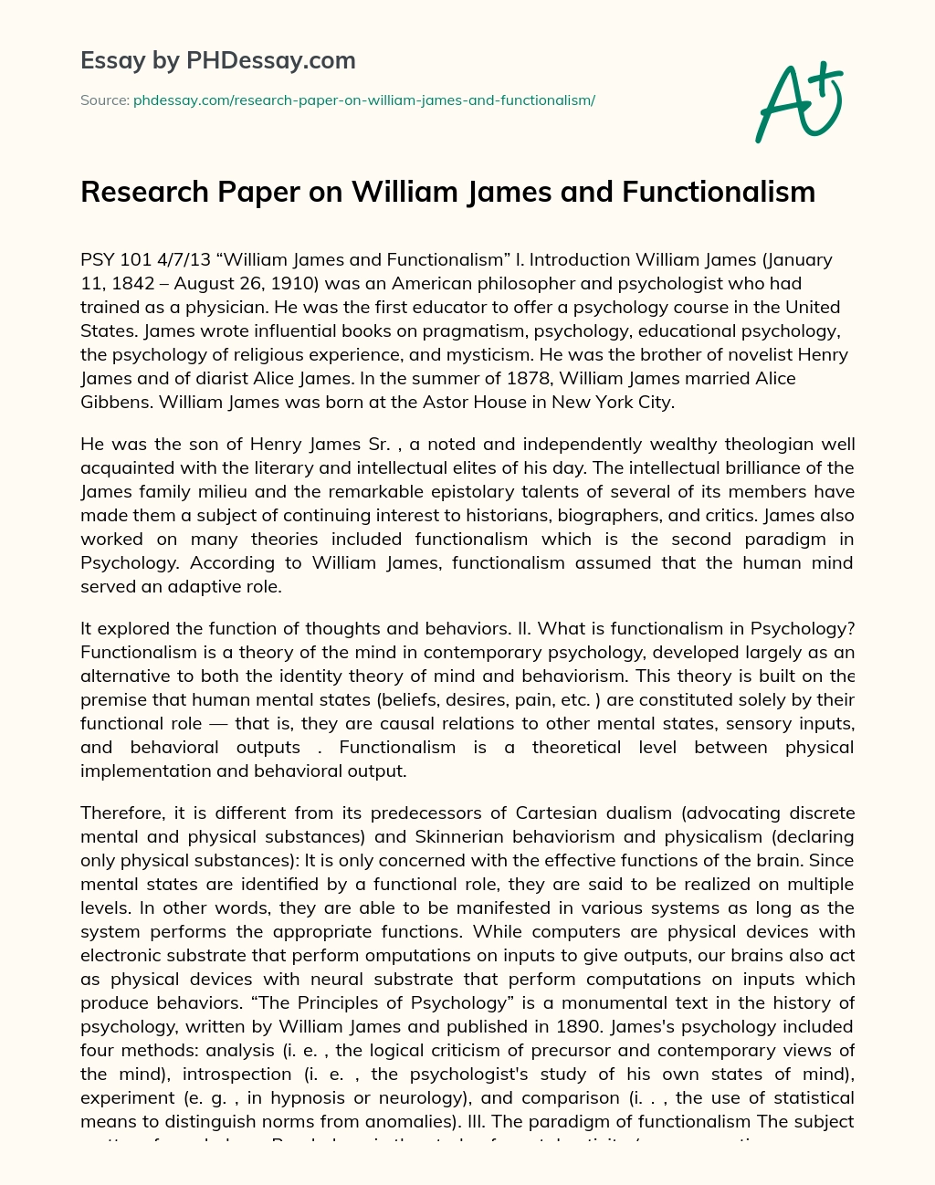 Research Paper on William James and Functionalism essay