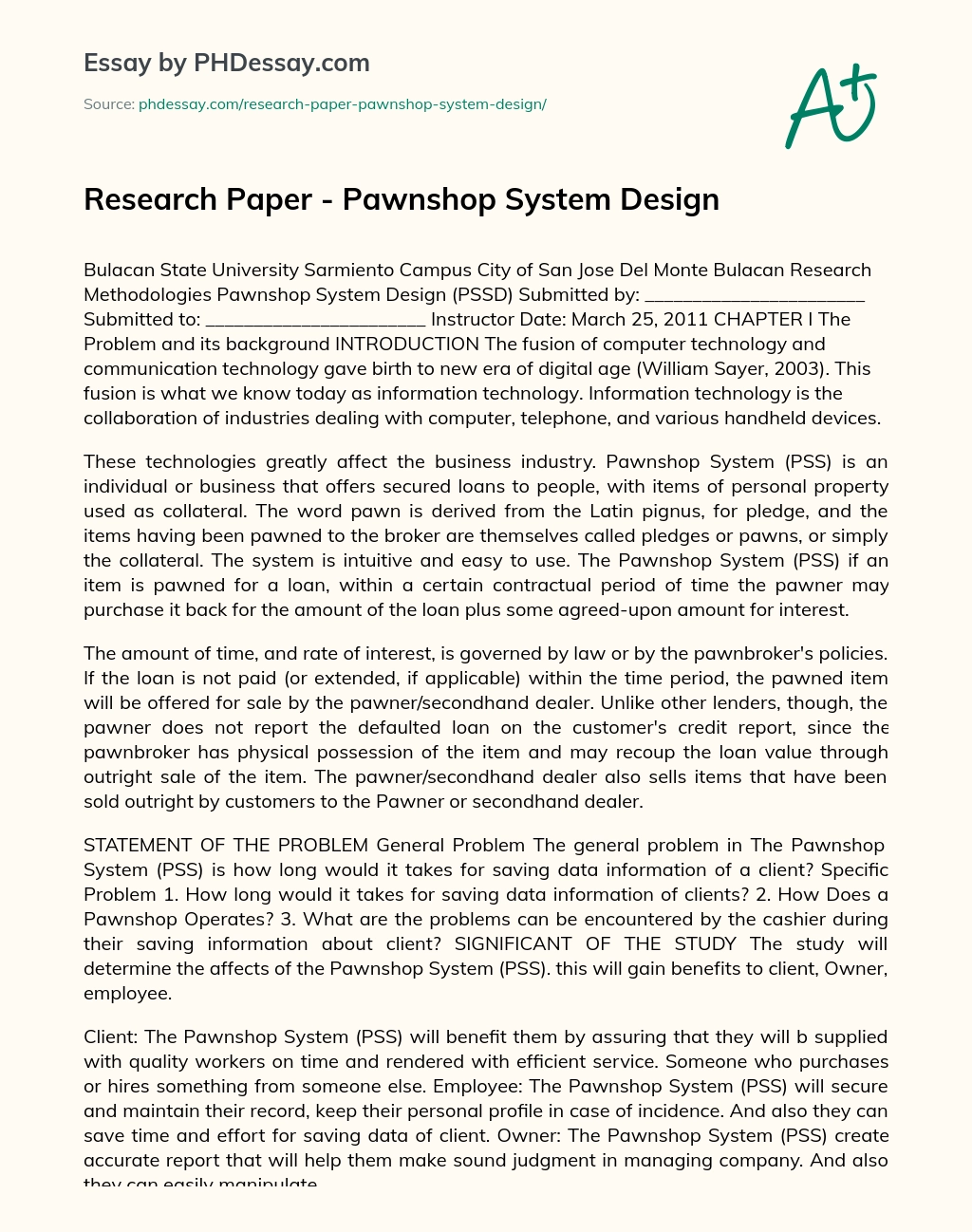 Research Paper – Pawnshop System Design essay