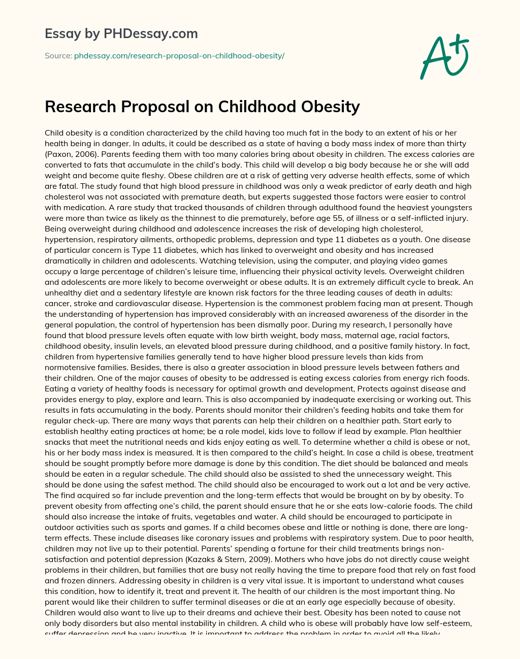 Research Proposal on Childhood Obesity essay