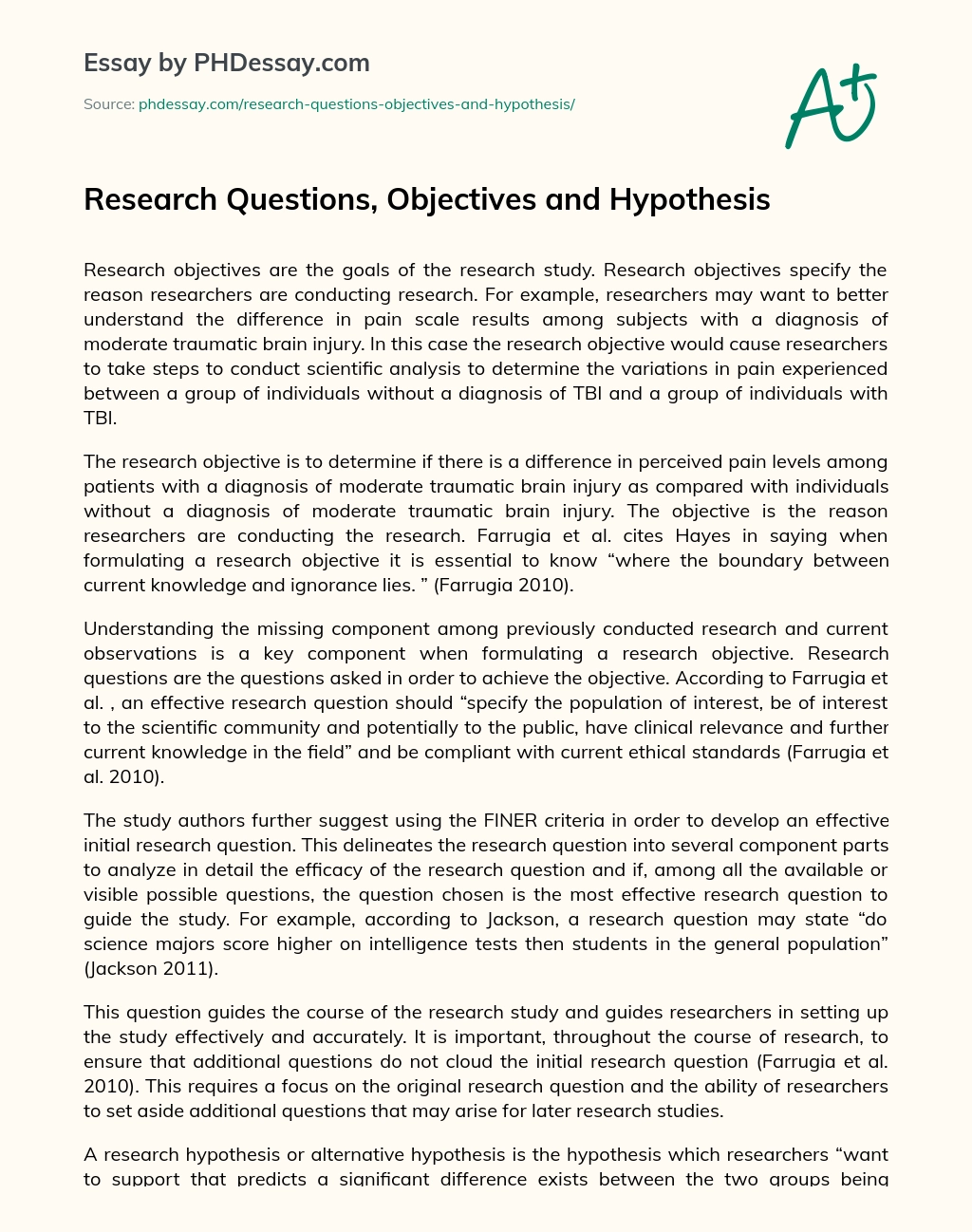 Research Questions, Objectives and Hypothesis essay