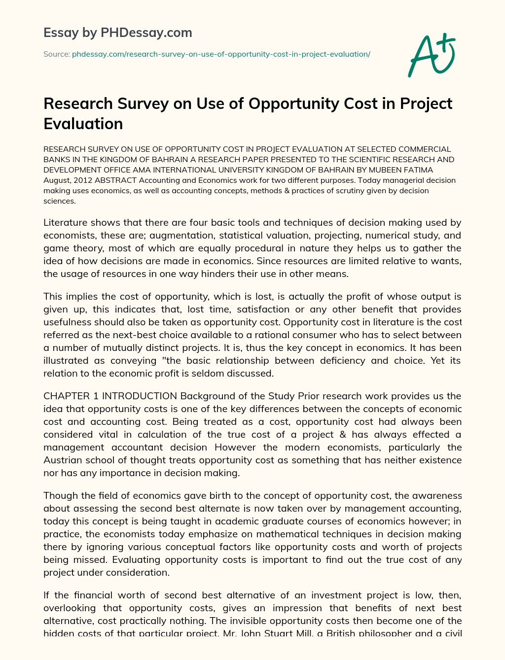 Research Survey on Use of Opportunity Cost in Project Evaluation essay