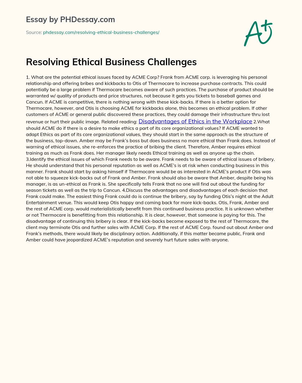 Resolving Ethical Business Challenges essay