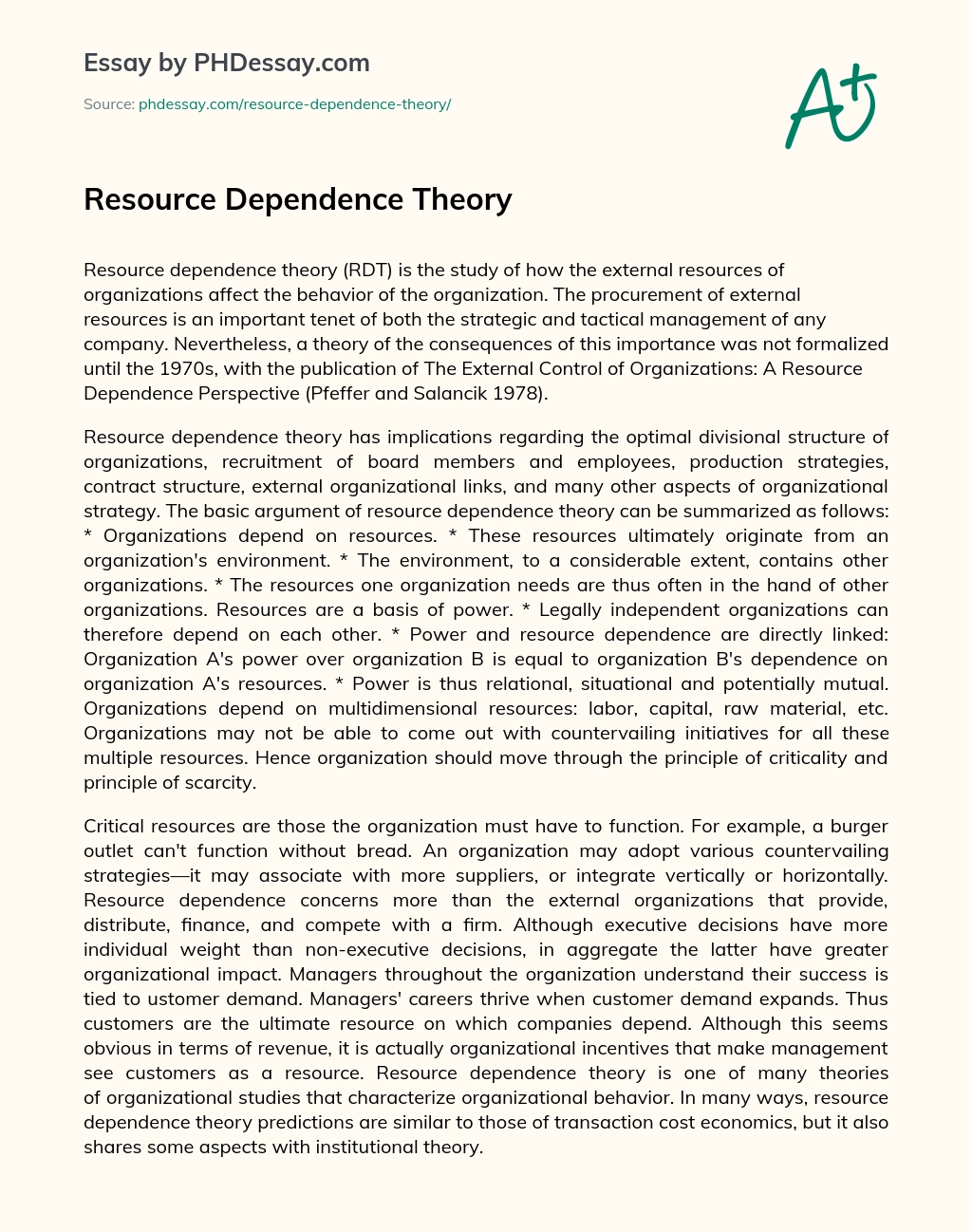 Resource Dependence Theory essay