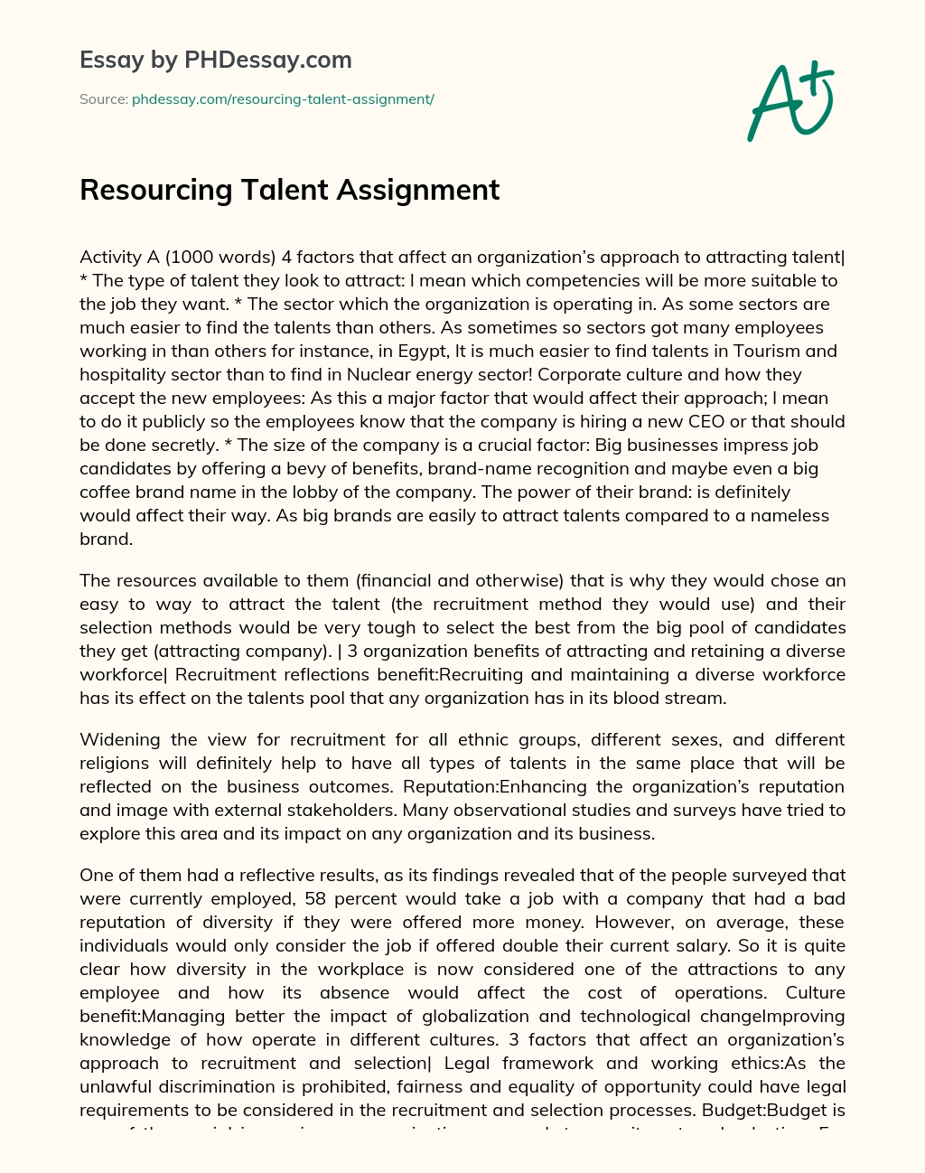 Resourcing Talent Assignment essay