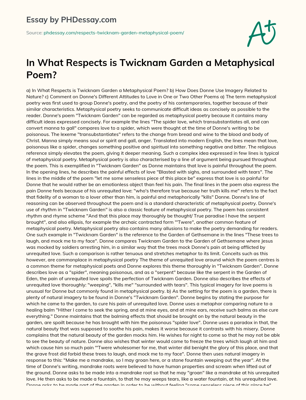 In What Respects is Twicknam Garden a Metaphysical Poem? essay