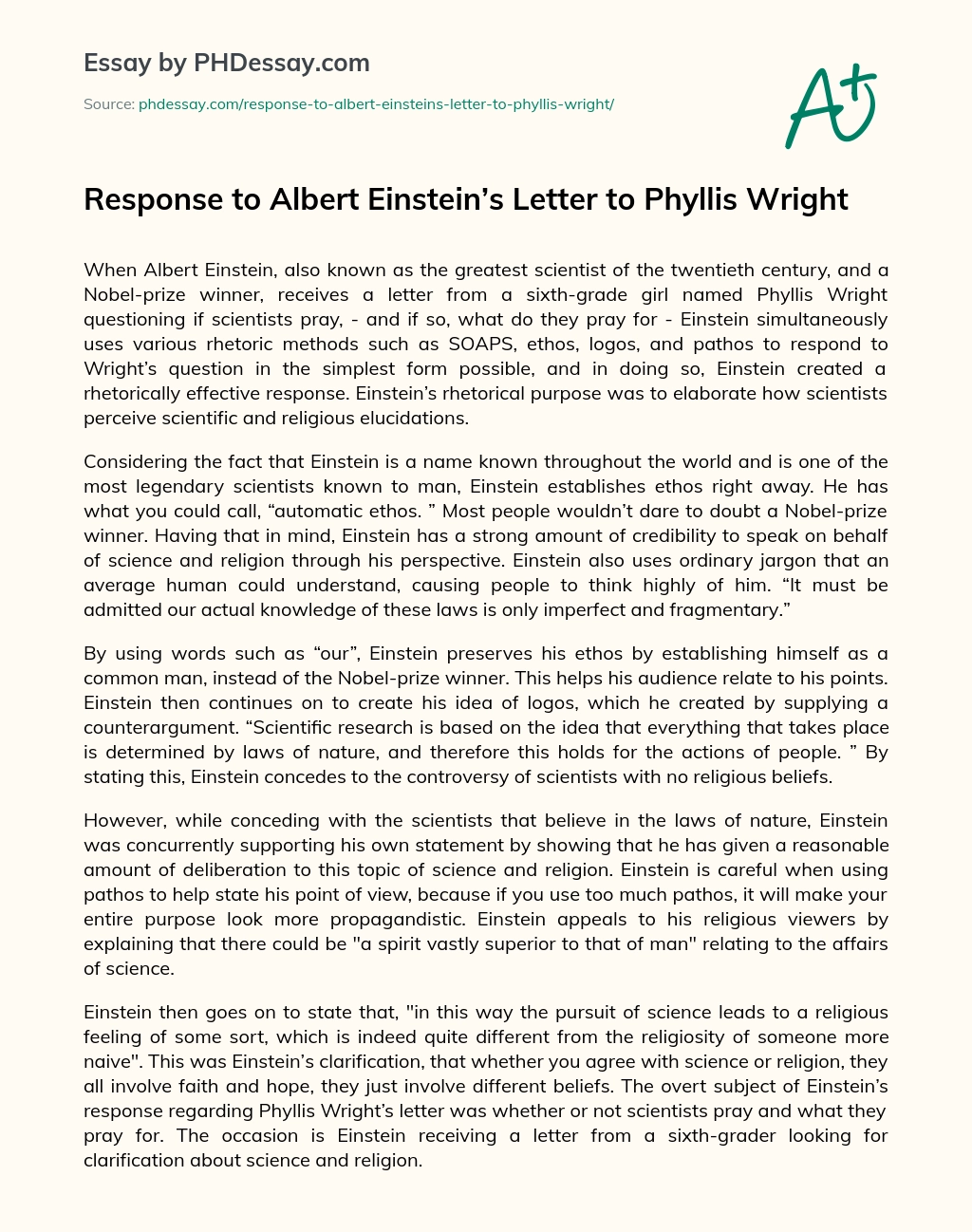Response to Albert Einstein’s Letter to Phyllis Wright essay