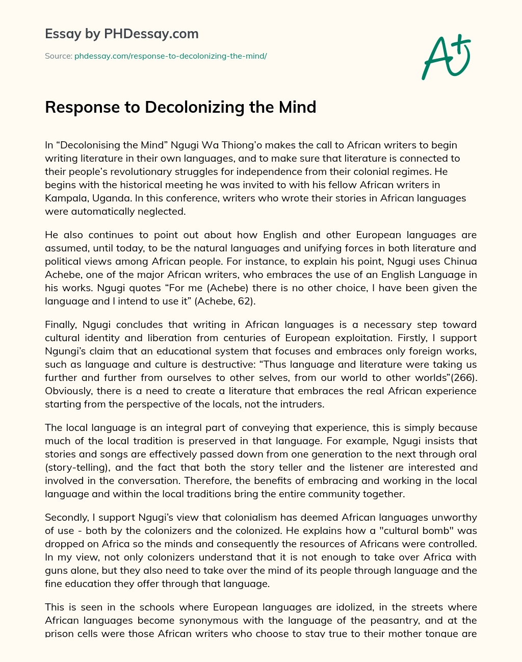 Response to Decolonizing the Mind essay