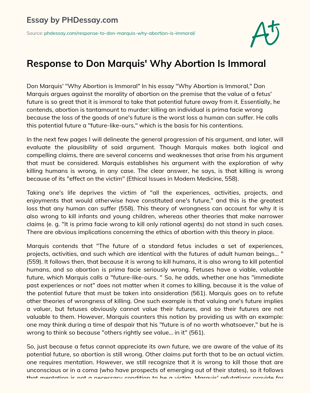 Response to Don Marquis’ Why Abortion Is Immoral essay