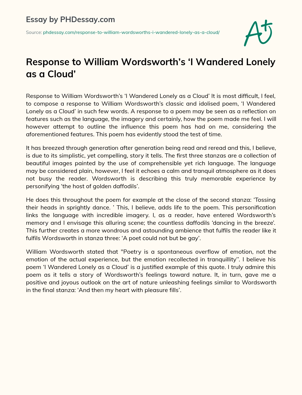 Response to William Wordsworth’s ‘I Wandered Lonely as a Cloud’ essay