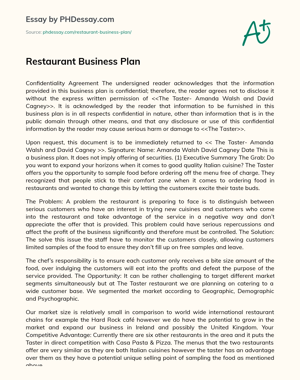 Restaurant Business Plan essay