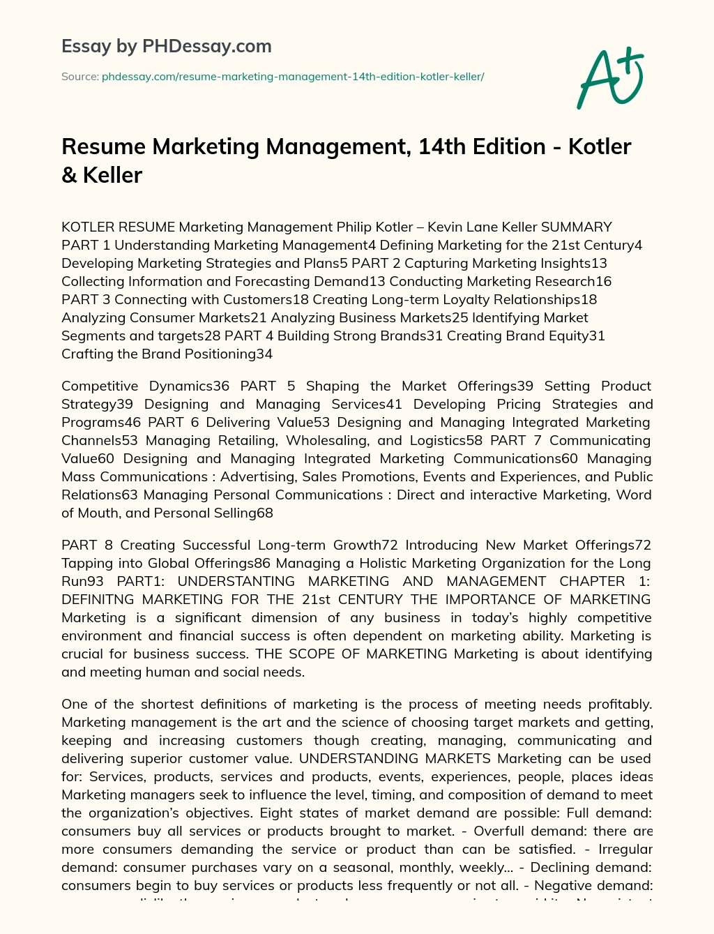 Resume Marketing Management, 14th Edition – Kotler & Keller essay