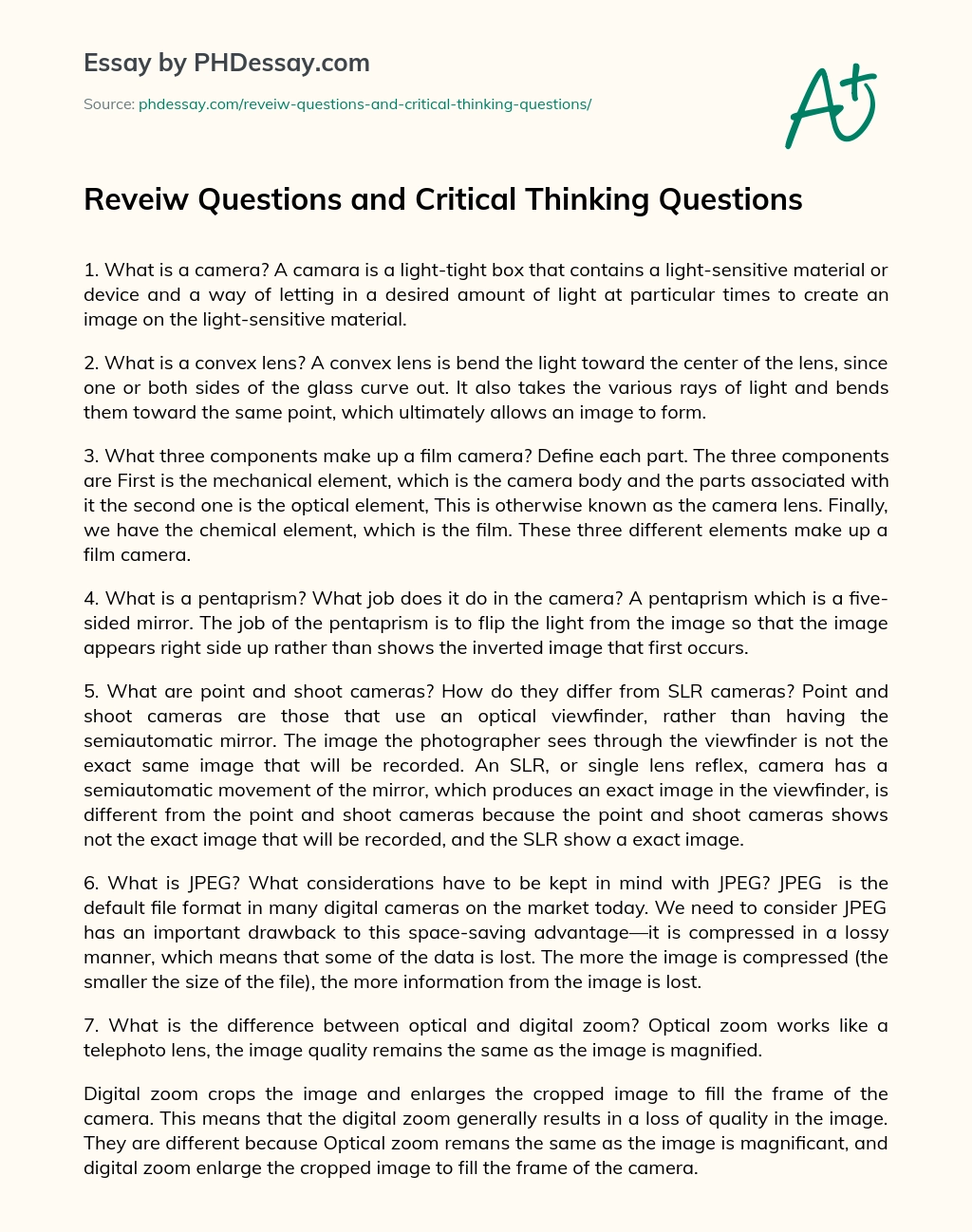 Reveiw Questions and Critical Thinking Questions essay