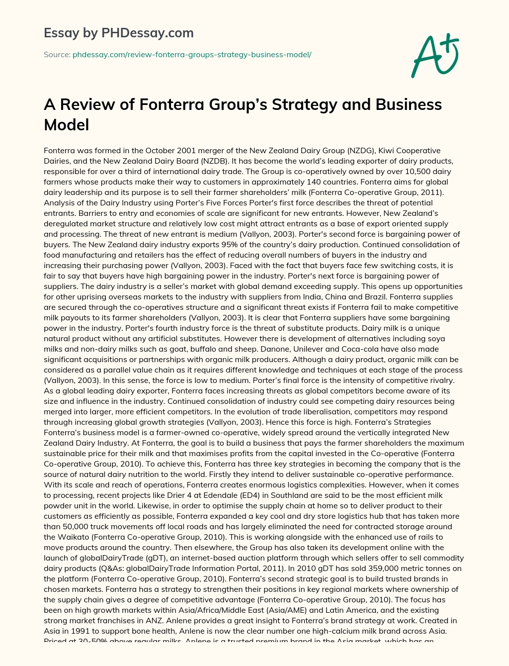 A Review of Fonterra Group’s Strategy and Business Model essay