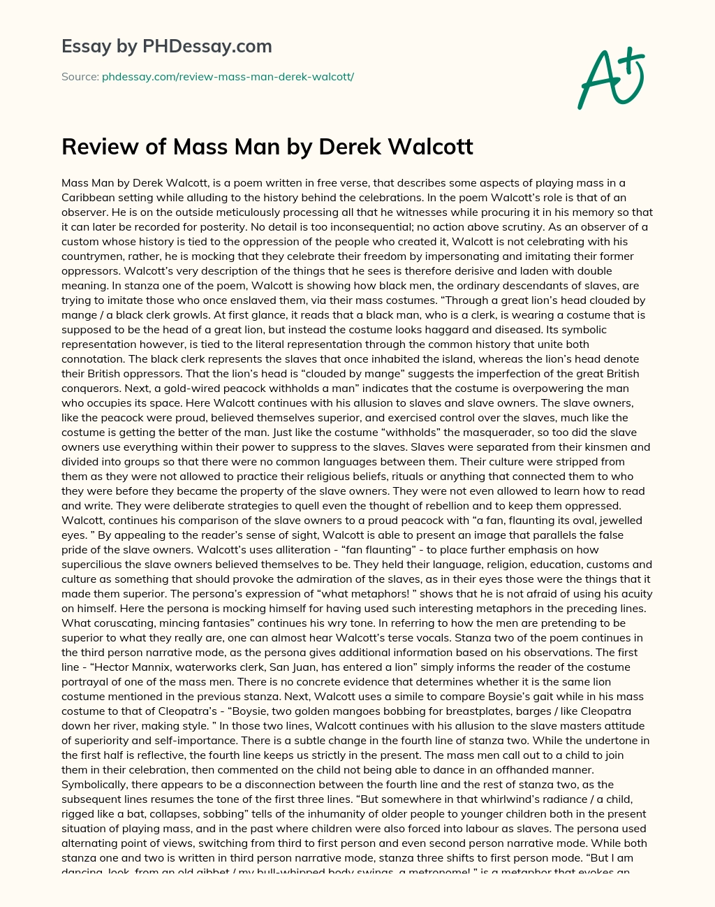 Review of Mass Man by Derek Walcott essay