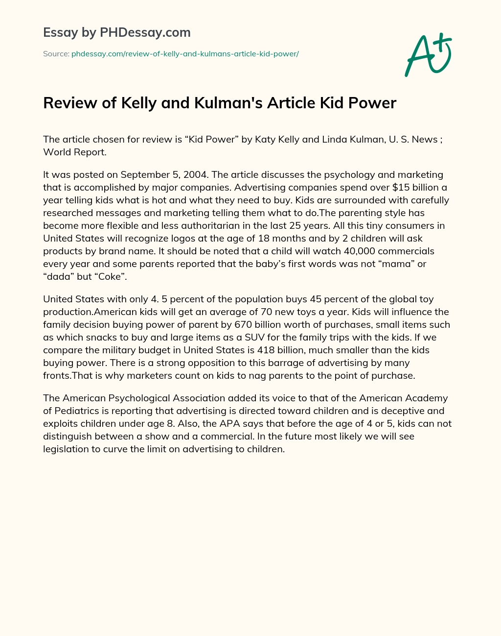 Review of Kelly and Kulman’s Article Kid Power essay