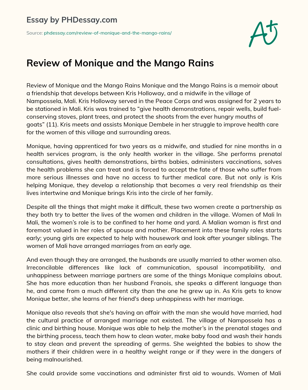 Review of Monique and the Mango Rains essay