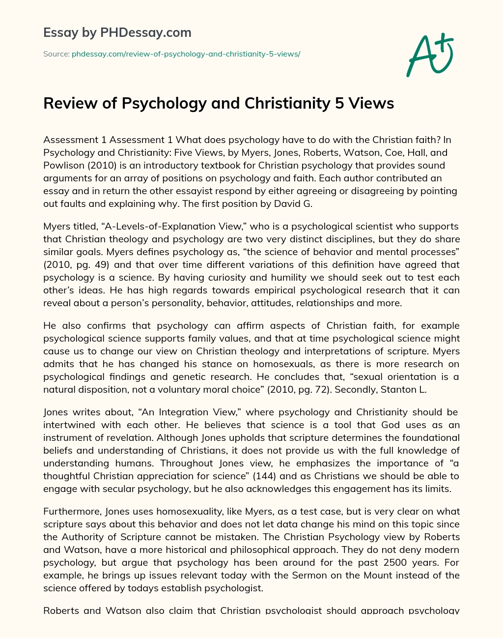 Review of Psychology and Christianity 5 Views essay