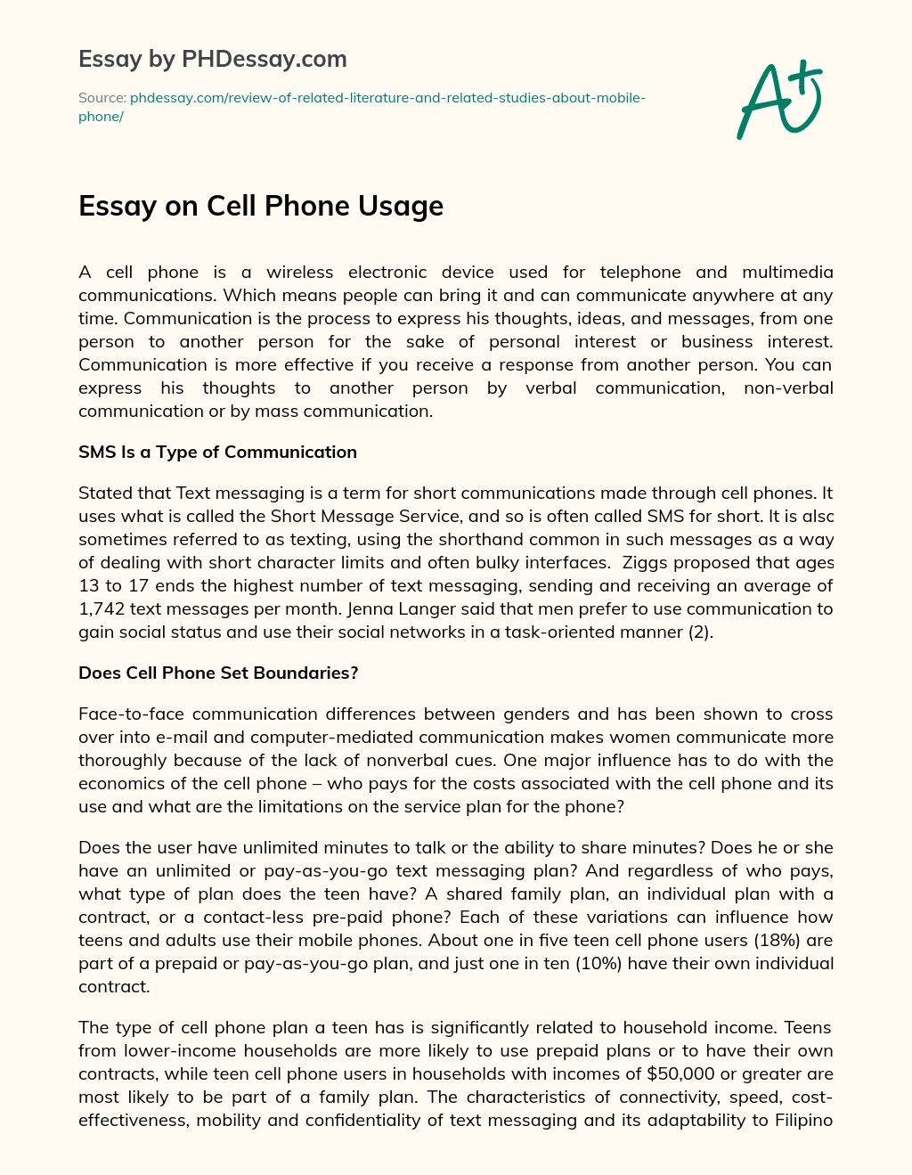 Essay on Cell Phone Usage essay
