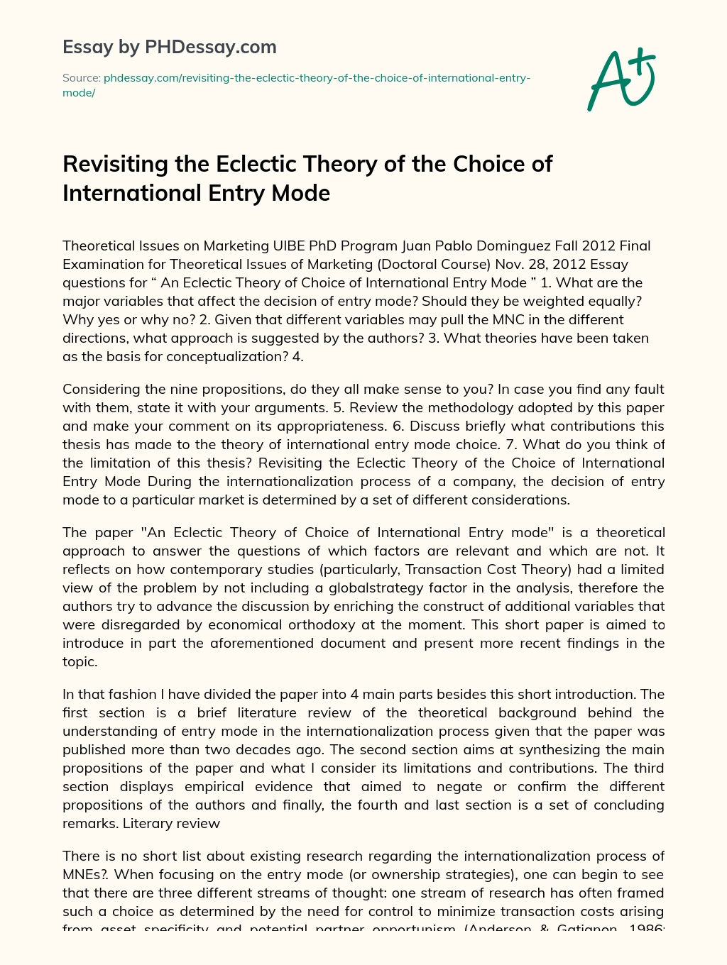 Revisiting the Eclectic Theory of the Choice of International Entry Mode essay