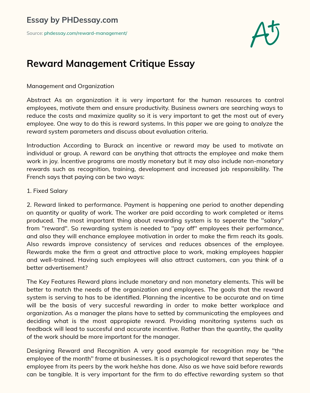 Reward Management Critique Essay essay