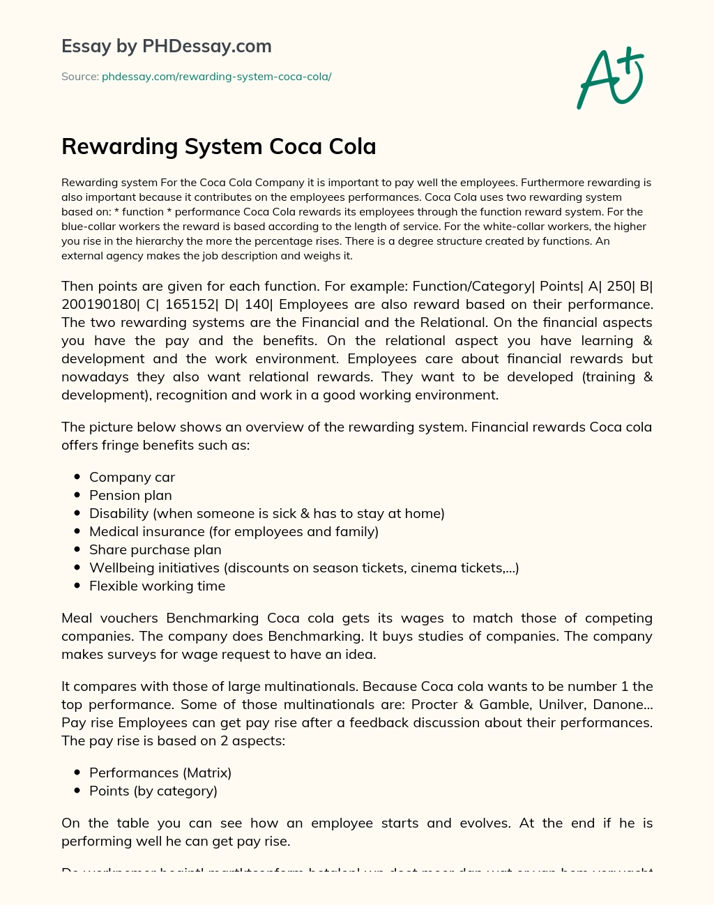 Rewarding System Coca Cola essay