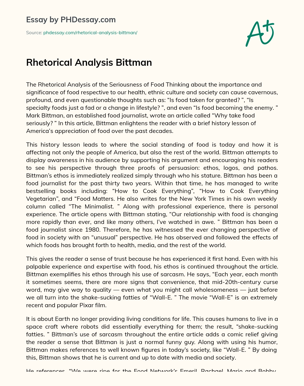 Rhetorical Analysis Bittman essay