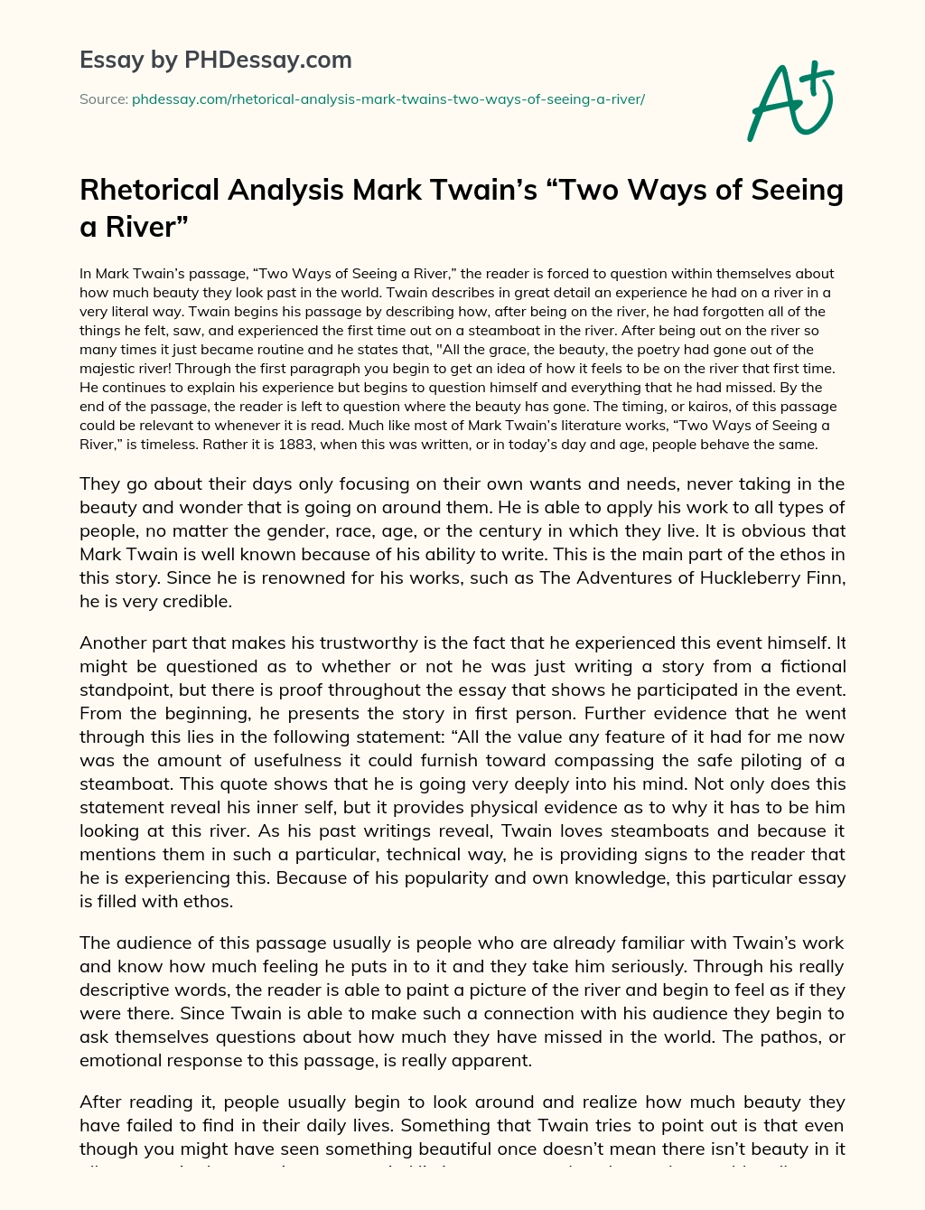 Rhetorical Analysis Mark Twain’s “Two Ways of Seeing a River” essay