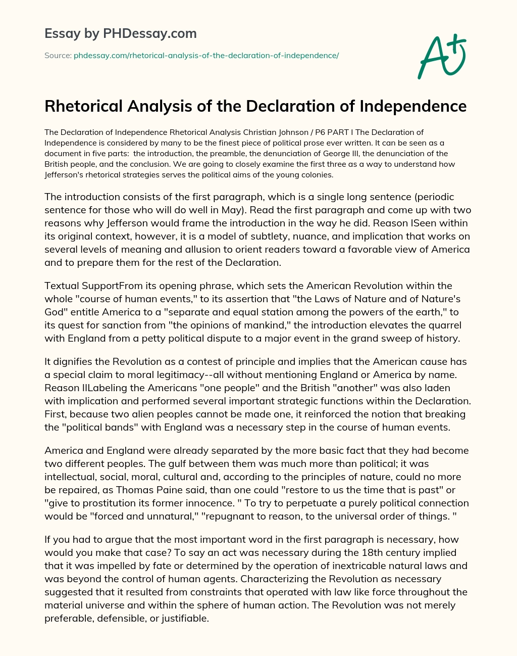 Rhetorical Analysis of the Declaration of Independence essay