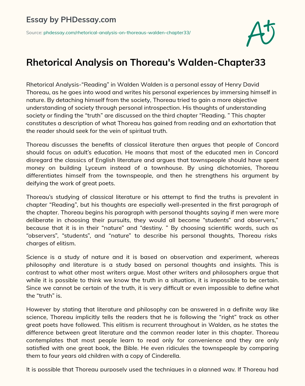 Rhetorical Analysis on Thoreau’s Walden-Chapter33 essay