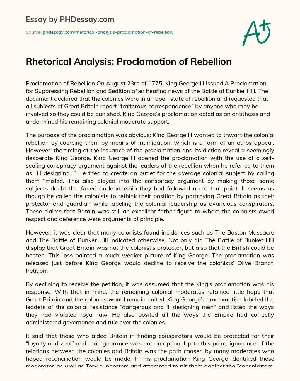 Rhetorical Analysis: Proclamation of Rebellion essay