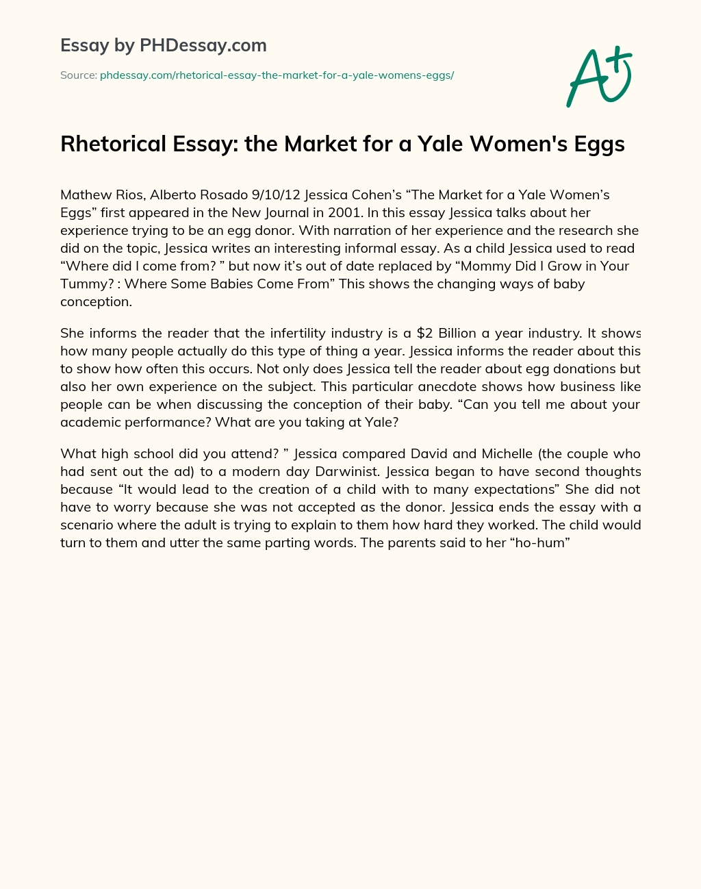 Rhetorical Essay: the Market for a Yale Women’s Eggs essay