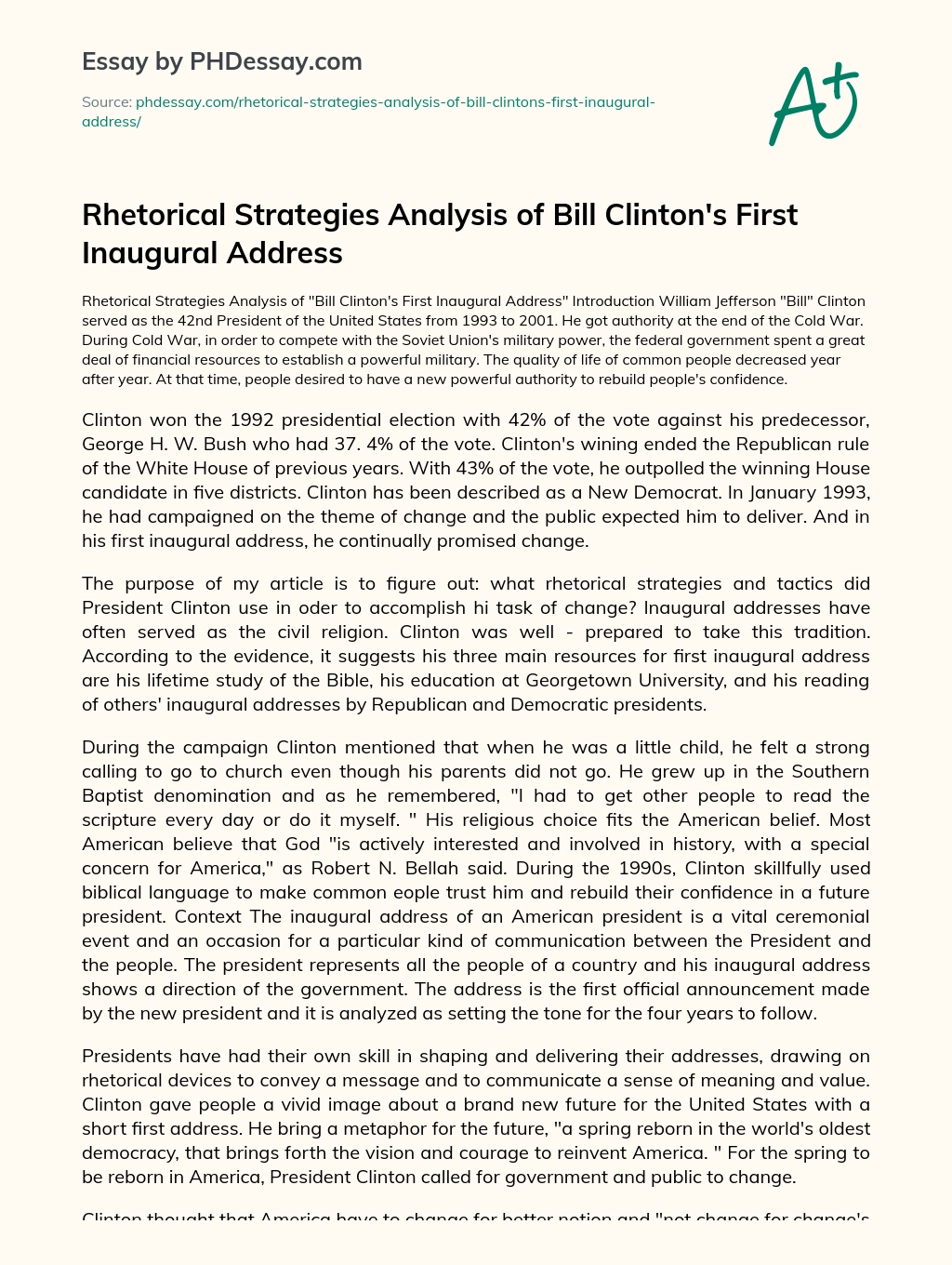 Rhetorical Strategies Analysis of Bill Clinton’s First Inaugural Address essay
