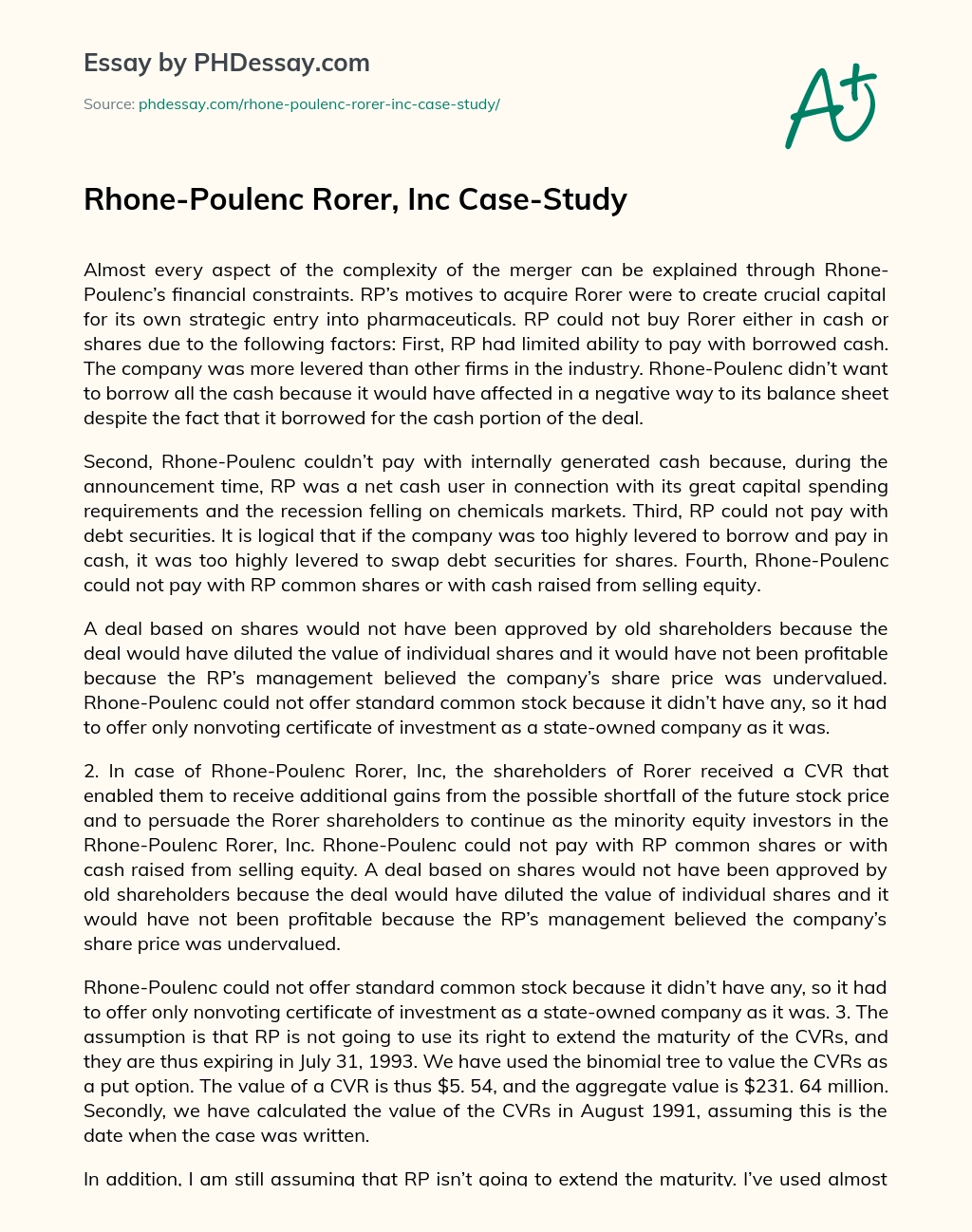 Rhone-Poulenc Rorer, Inc Case-Study essay