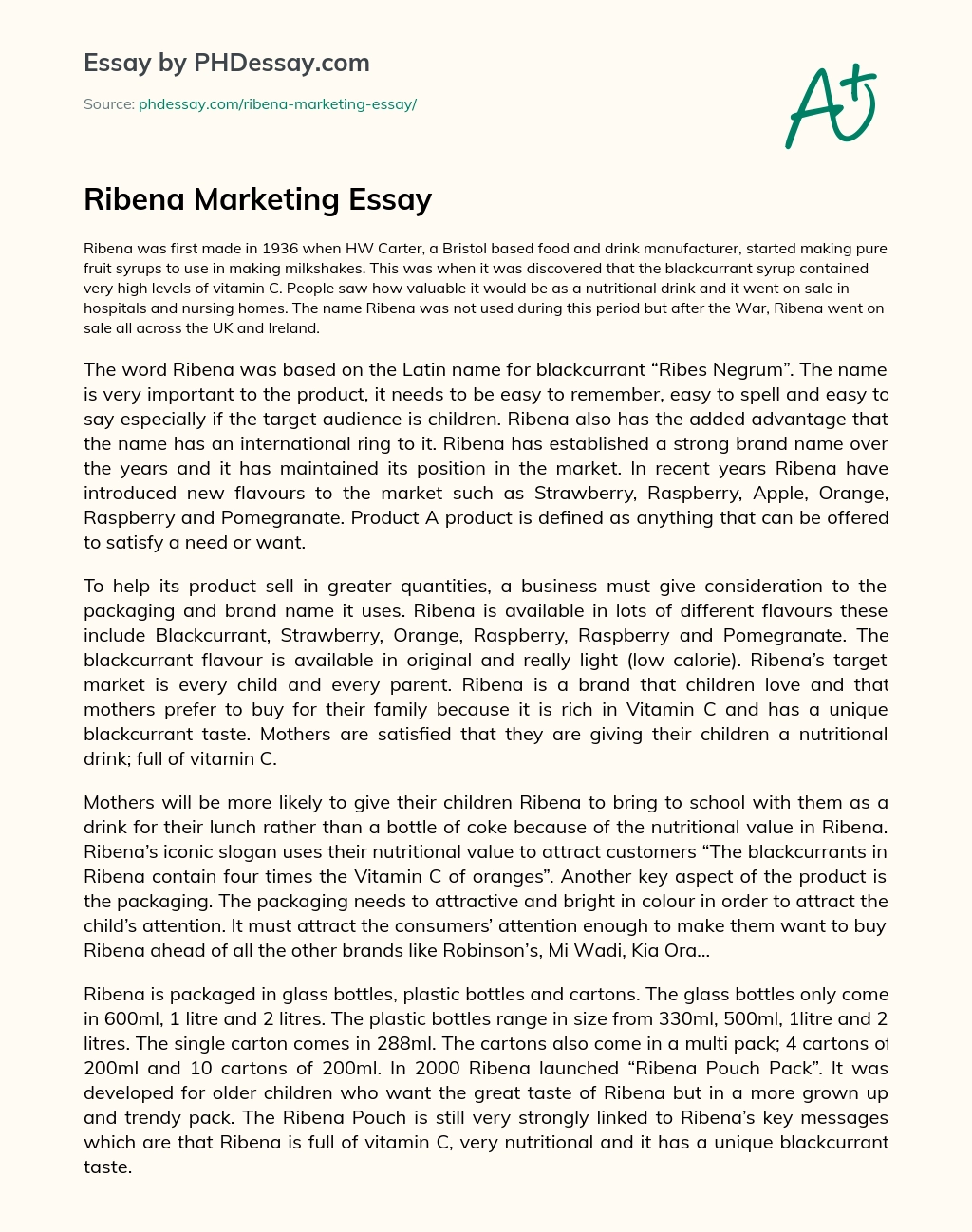 Ribena Marketing Essay essay