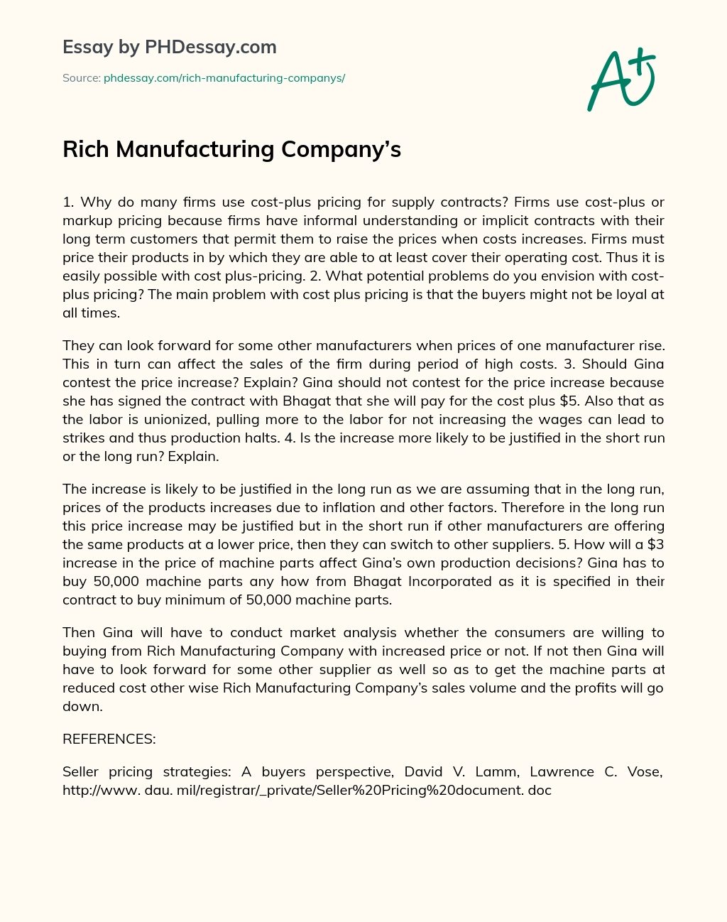 Rich Manufacturing Company’s essay