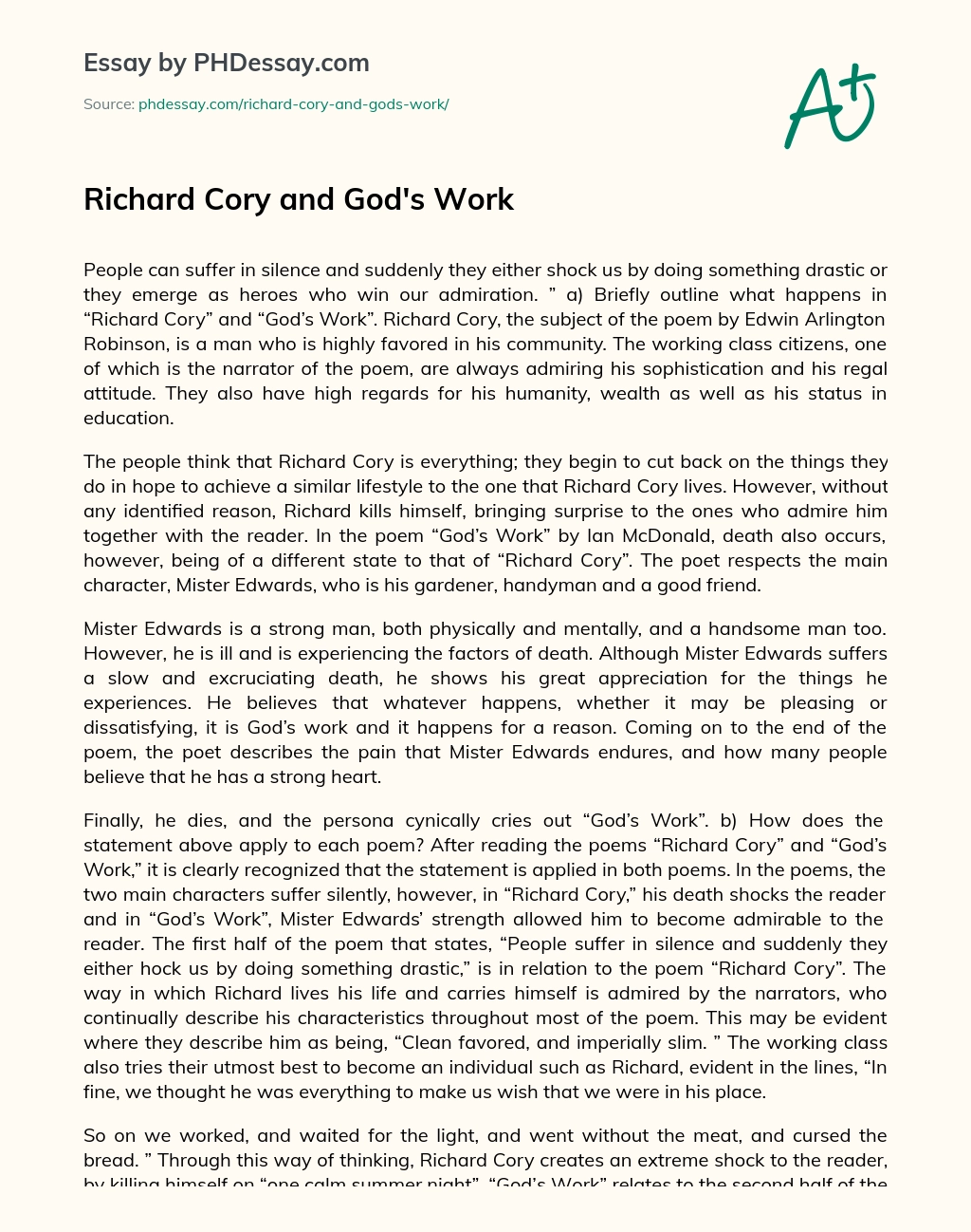 Richard Cory and God’s Work essay