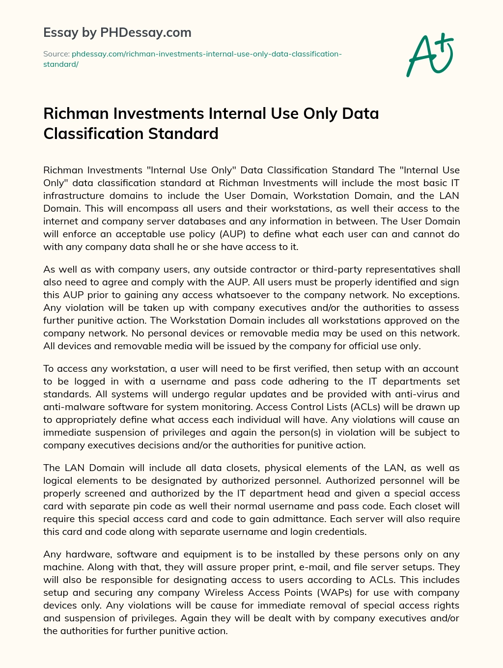 Richman Investments Internal Use Only Data Classification Standard essay