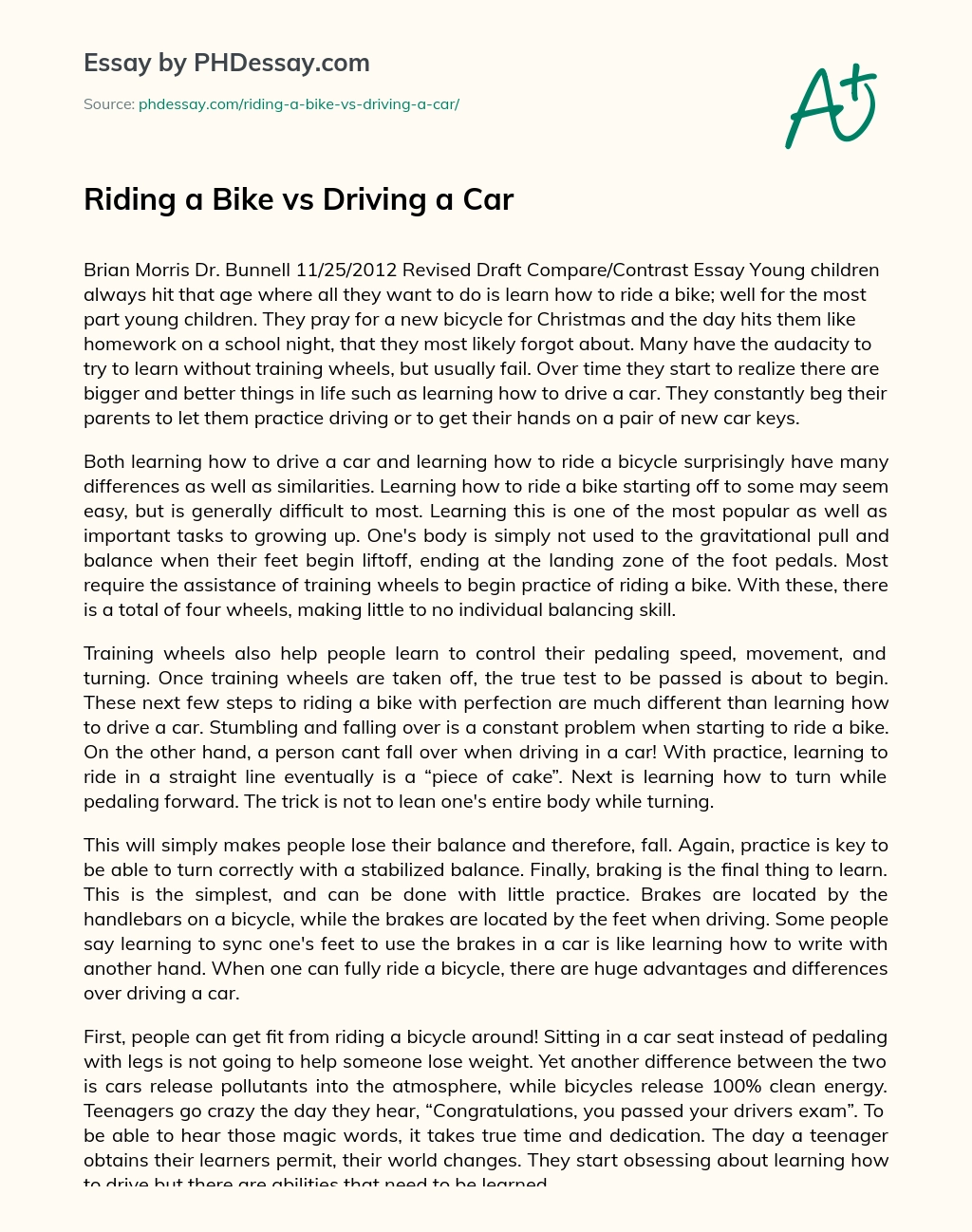 Riding a Bike vs Driving a Car essay