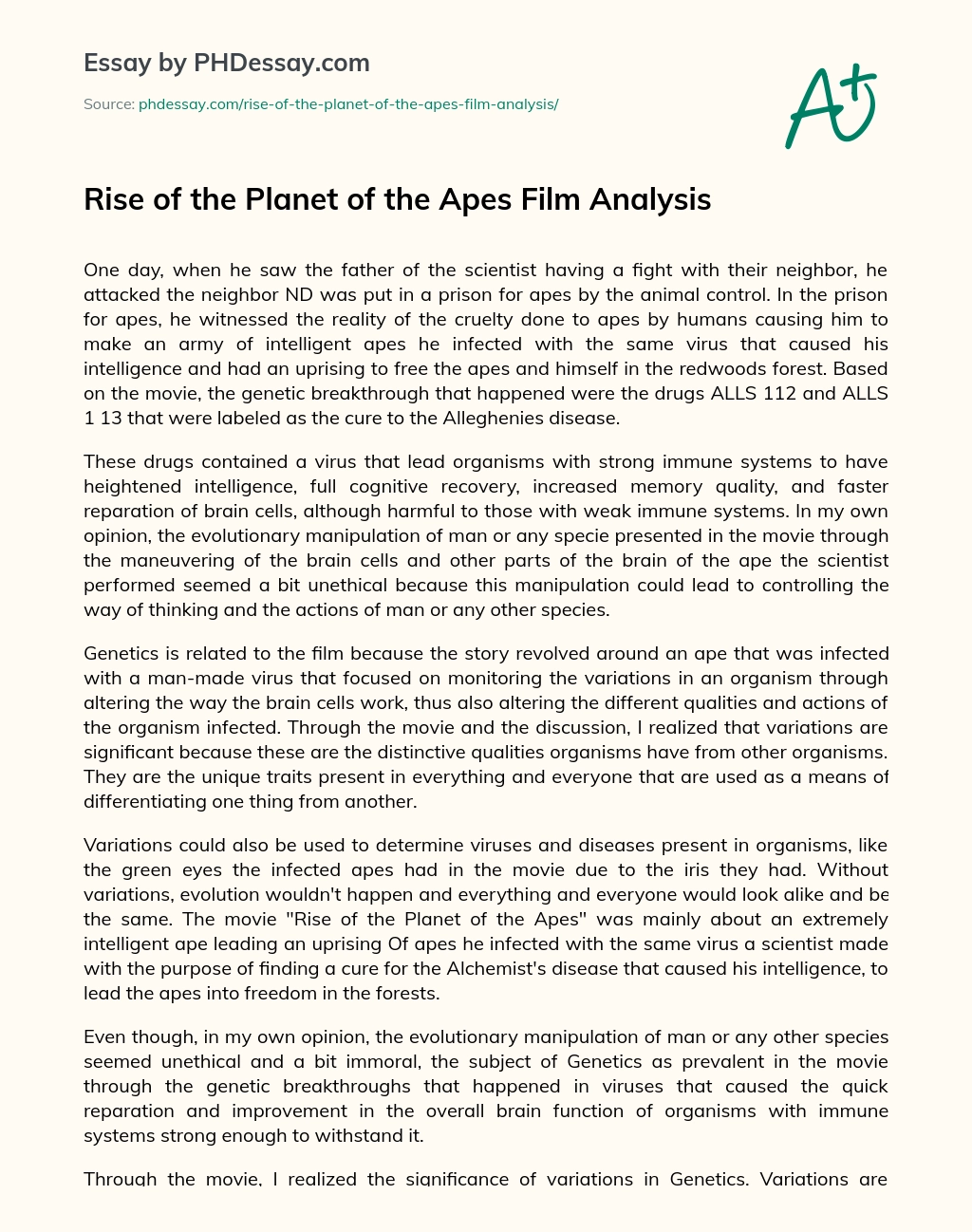 Rise of the Planet of the Apes Film Analysis essay