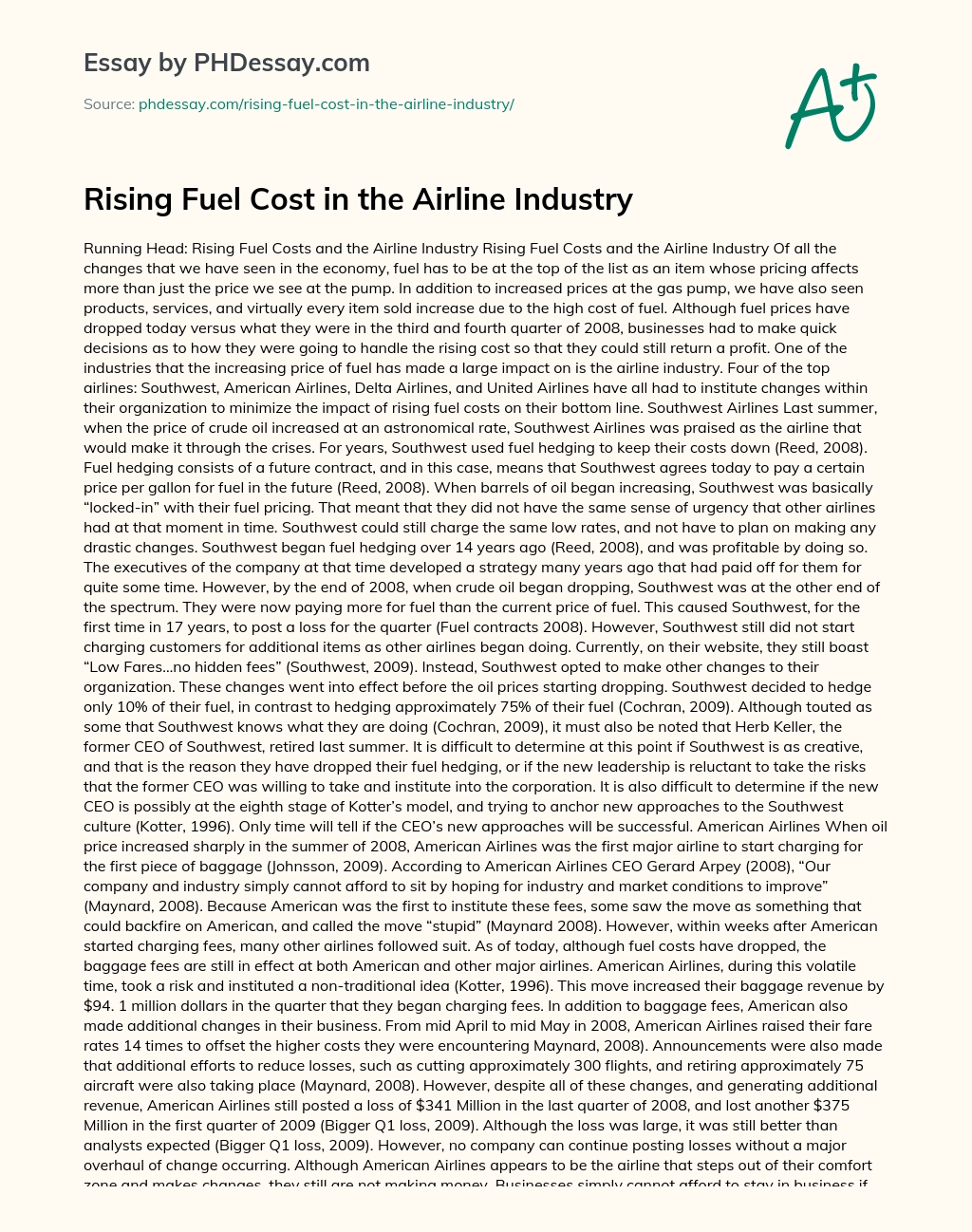 Rising Fuel Cost in the Airline Industry essay